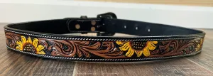 Handmade Leather Belt with Tooled & Handpainted Sunflowers