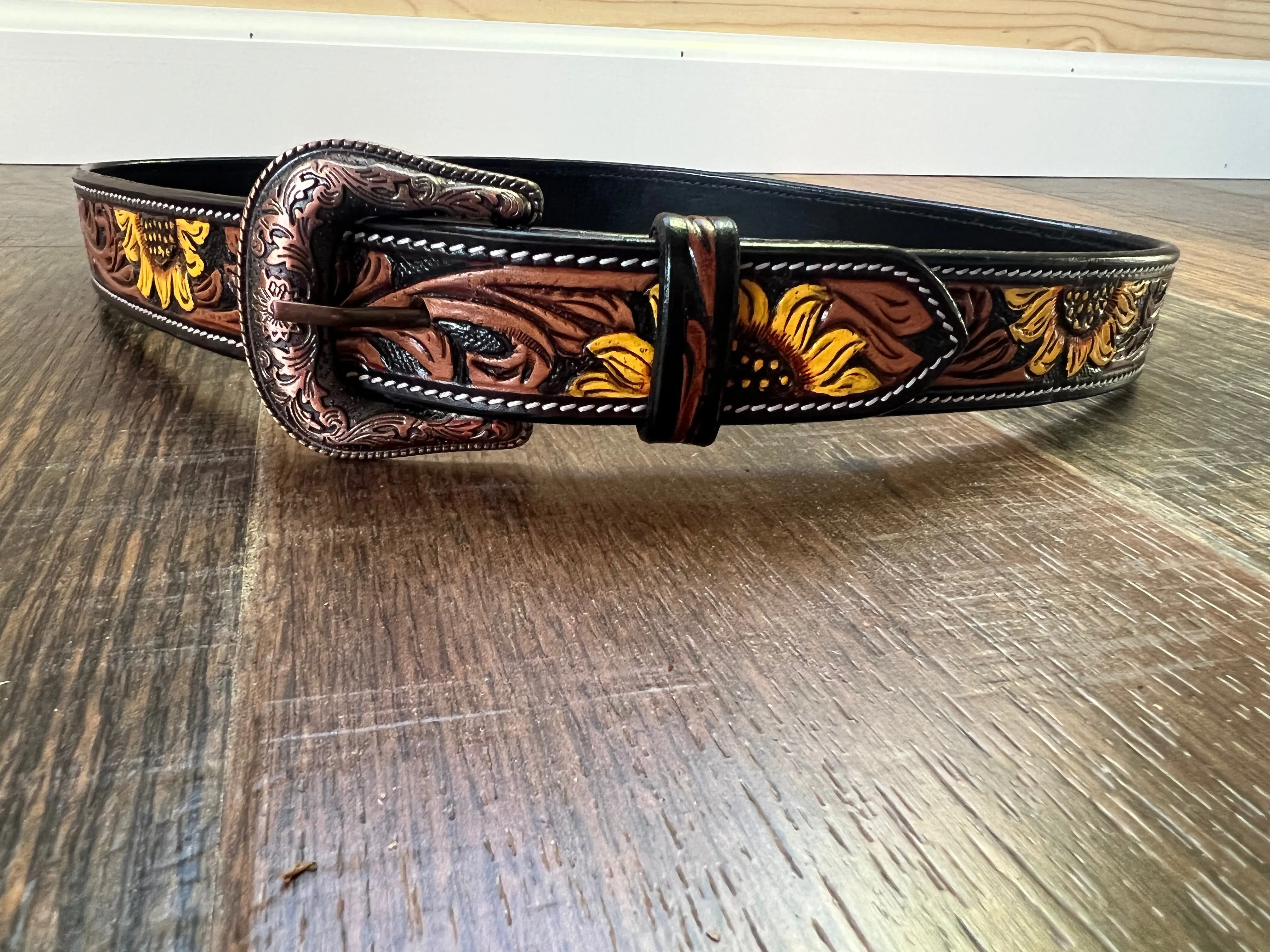 Handmade Leather Belt with Tooled & Handpainted Sunflowers