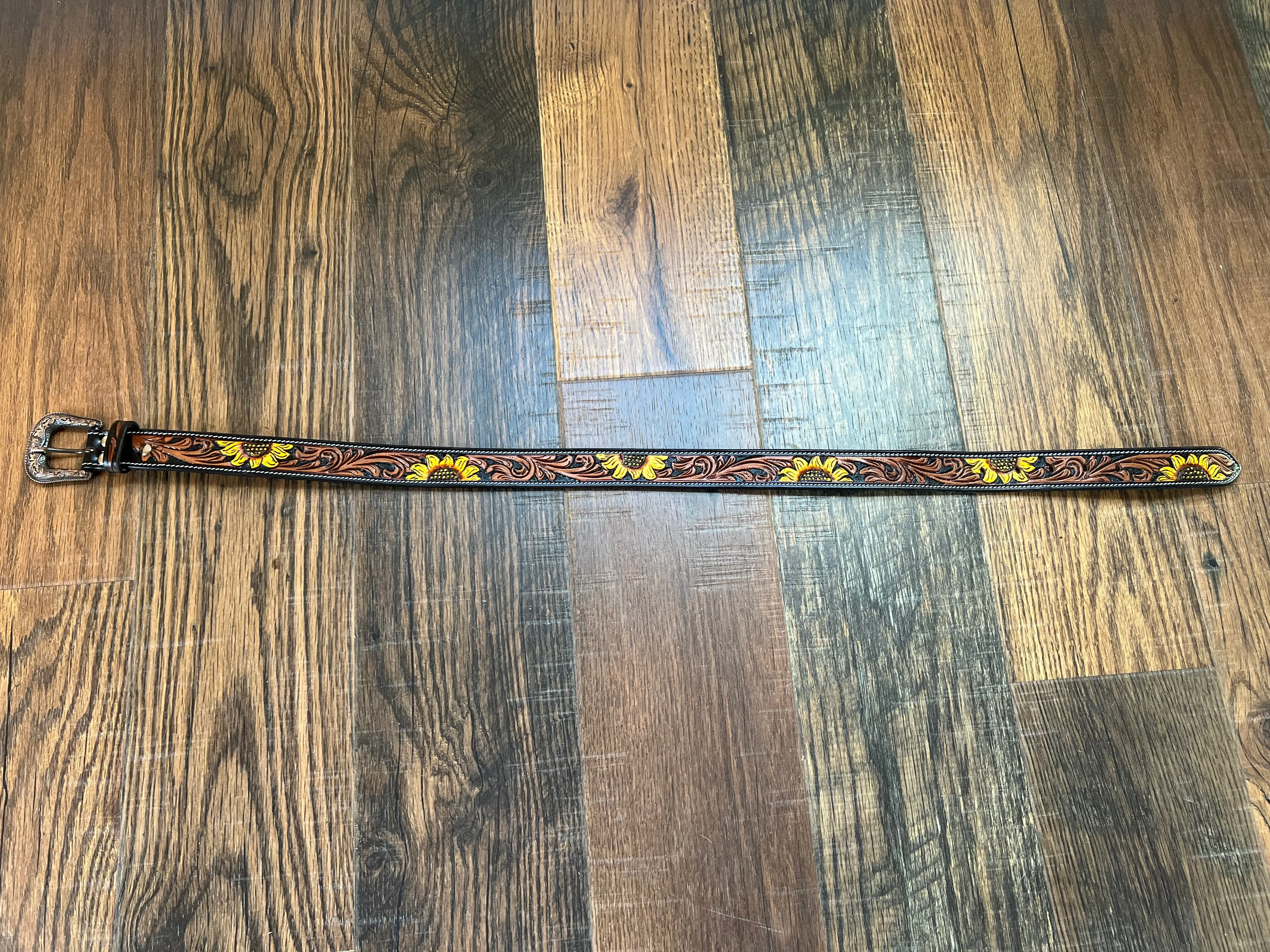 Handmade Leather Belt with Tooled & Handpainted Sunflowers