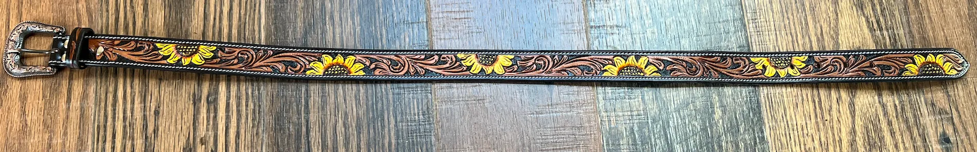 Handmade Leather Belt with Tooled & Handpainted Sunflowers