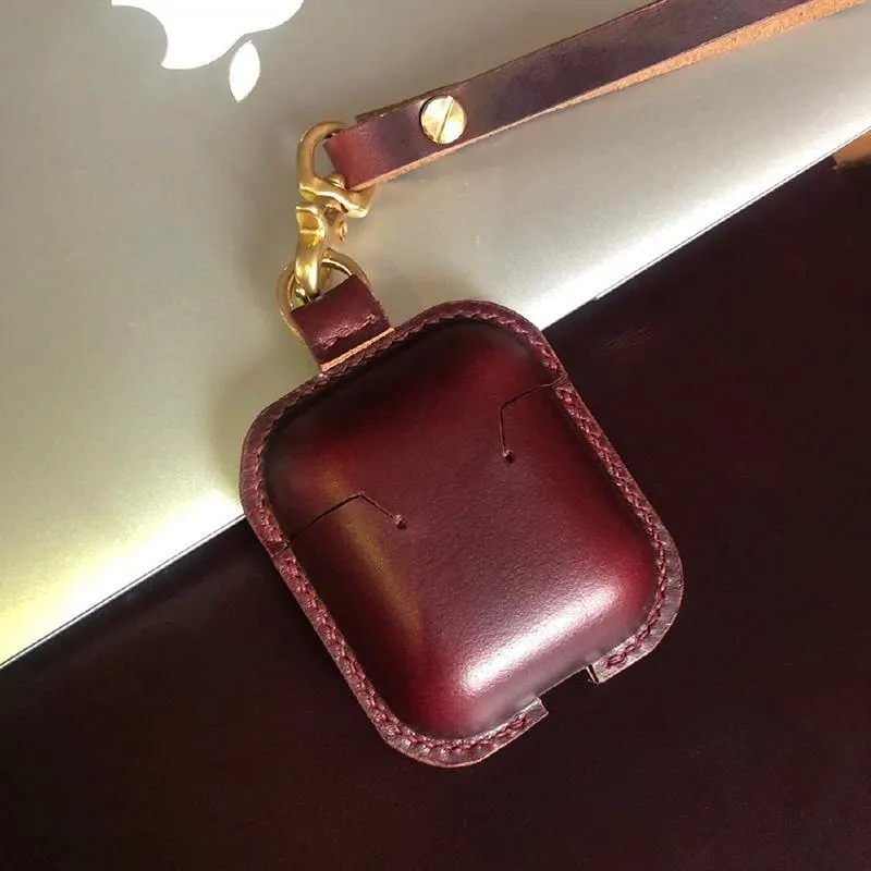 Handmade Wine Red Leather AirPods 1,2 Case with Wristlet Strap Leather AirPods Case Airpod Case Cover