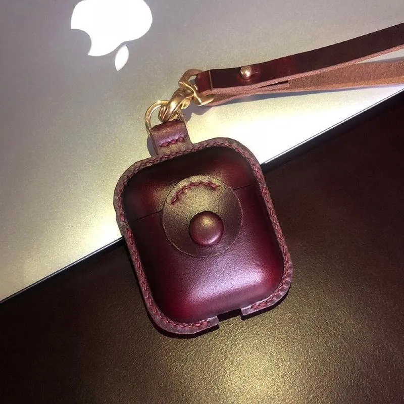 Handmade Wine Red Leather AirPods 1,2 Case with Wristlet Strap Leather AirPods Case Airpod Case Cover