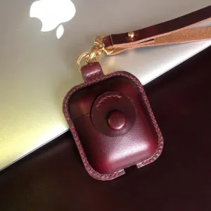 Handmade Wine Red Leather AirPods 1,2 Case with Wristlet Strap Leather AirPods Case Airpod Case Cover