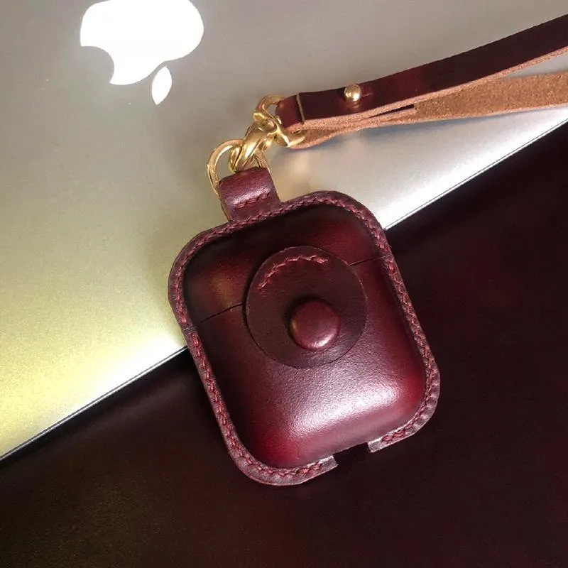 Handmade Wine Red Leather AirPods 1,2 Case with Wristlet Strap Leather AirPods Case Airpod Case Cover