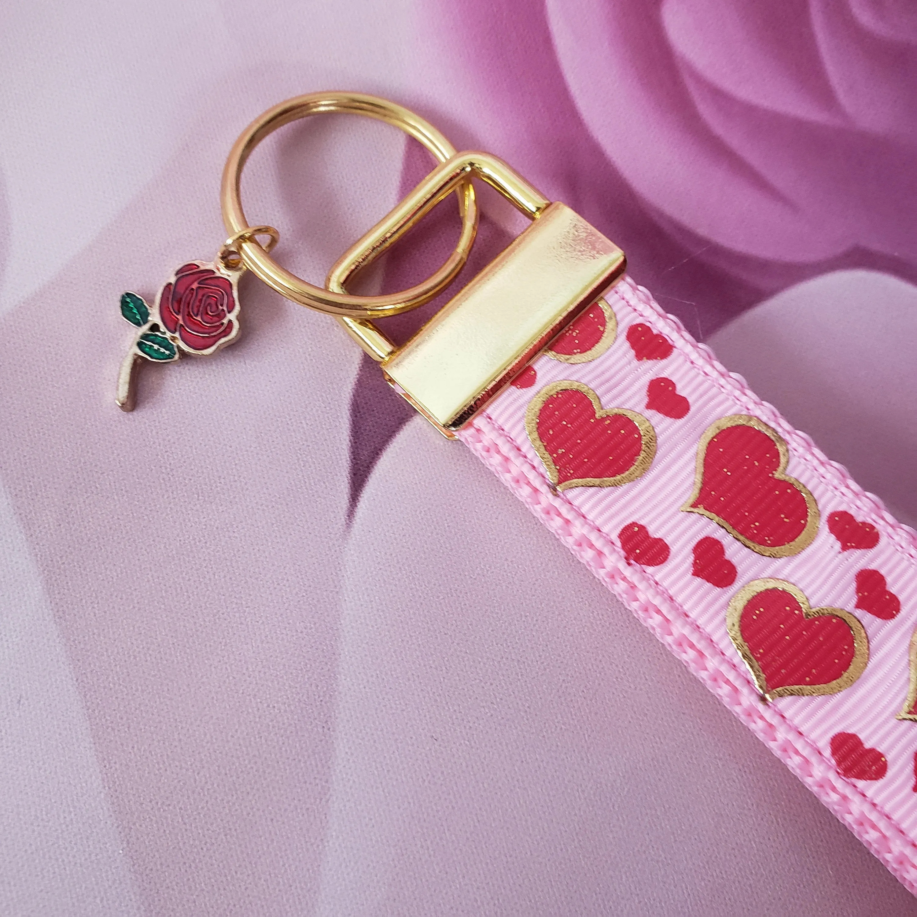 Hearts with Sparkles on Yellow Gold Key Chain Fob with Enameled Rose or Heart Charm