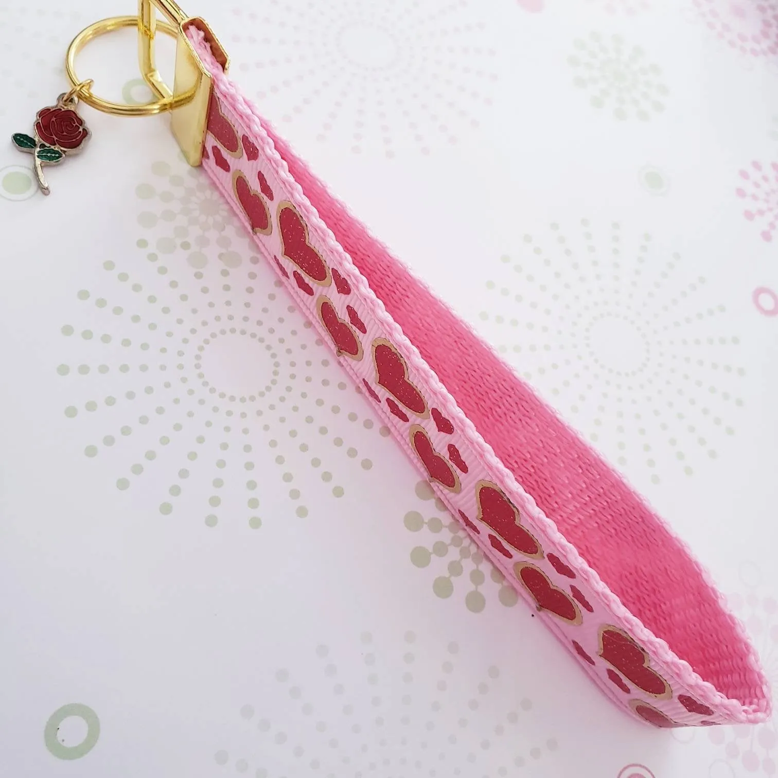 Hearts with Sparkles on Yellow Gold Key Chain Fob with Enameled Rose or Heart Charm