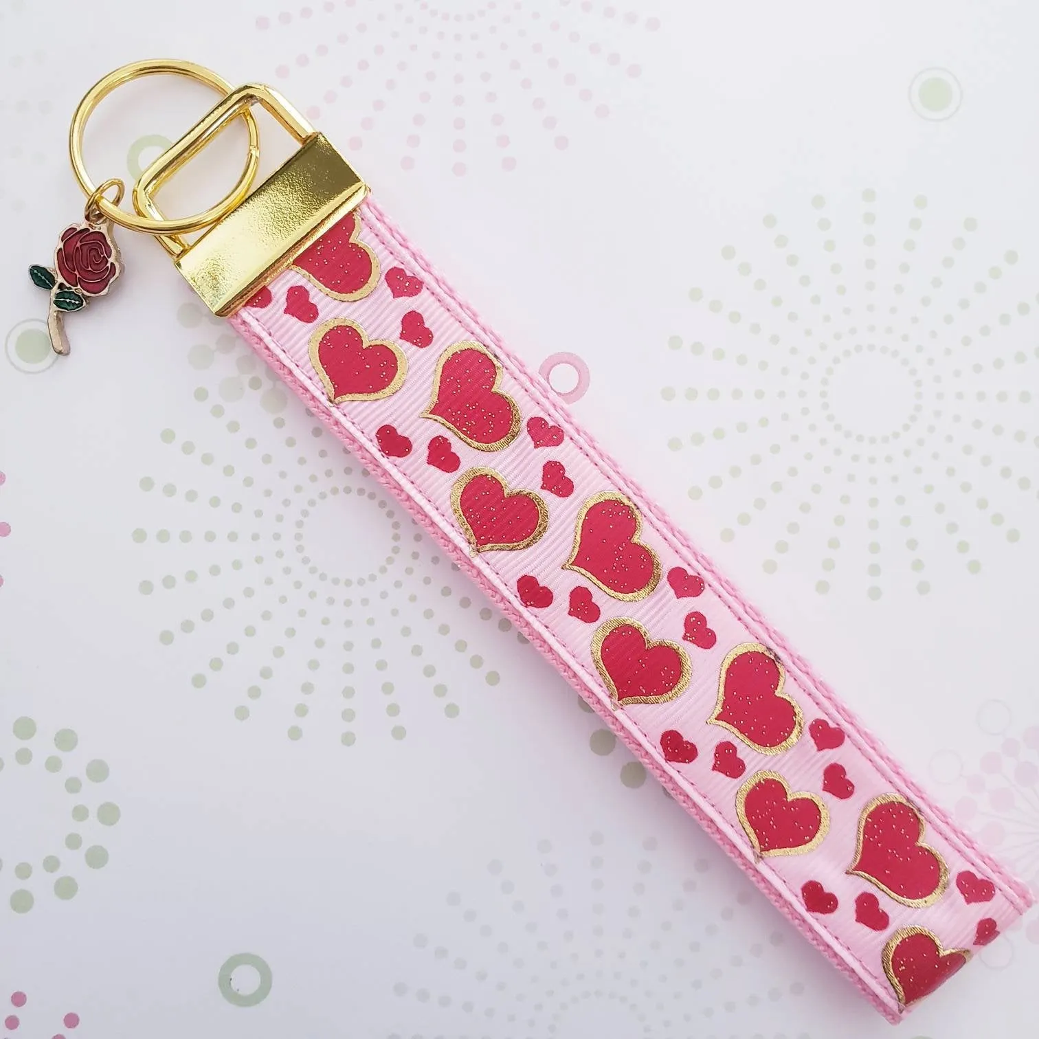 Hearts with Sparkles on Yellow Gold Key Chain Fob with Enameled Rose or Heart Charm