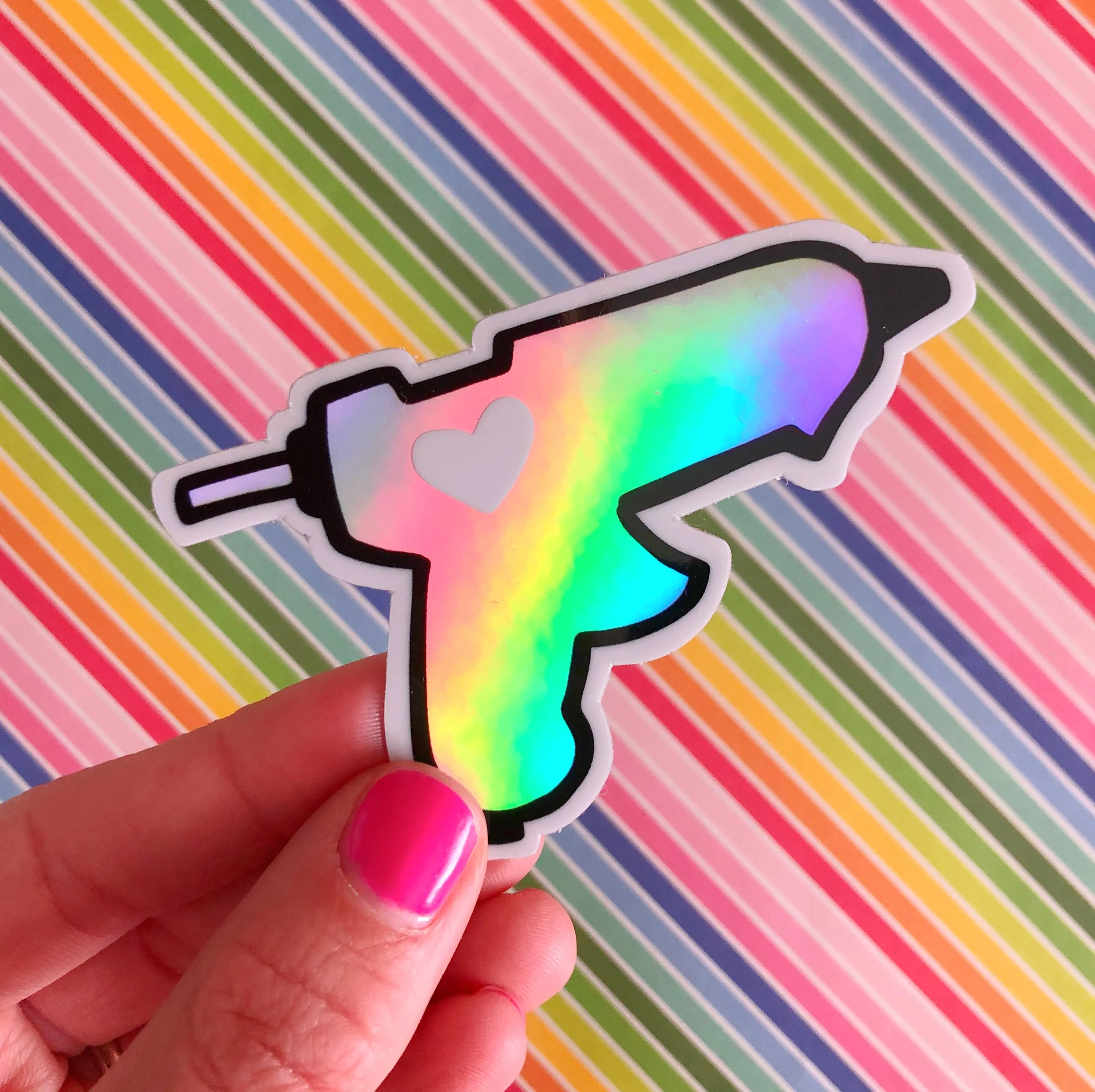 Holographic glue gun sticker