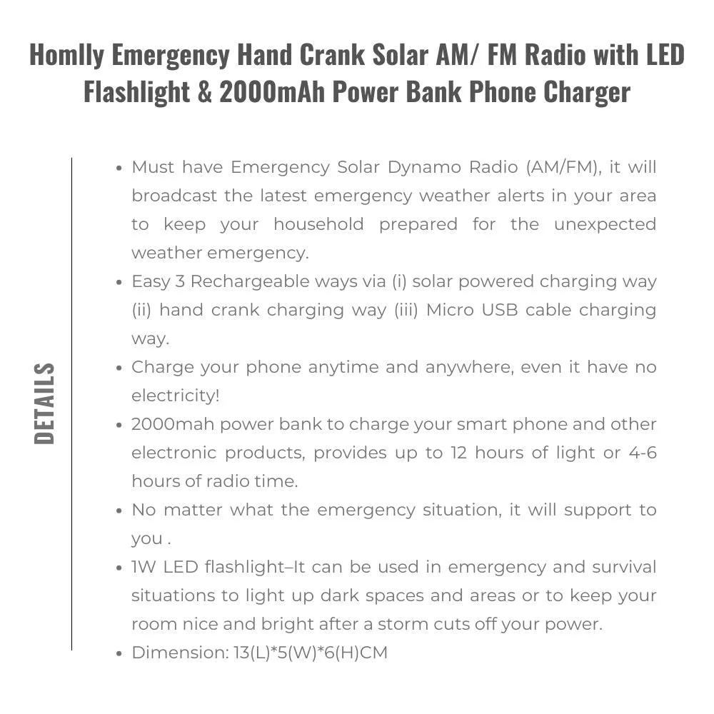 Homlly Emergency Hand Crank Solar AM/ FM Radio with LED Flashlight & 2000mAh Power Bank Phone Charger