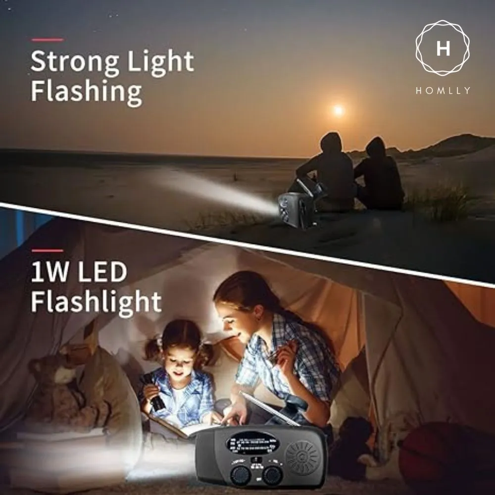 Homlly Emergency Hand Crank Solar AM/ FM Radio with LED Flashlight & 2000mAh Power Bank Phone Charger