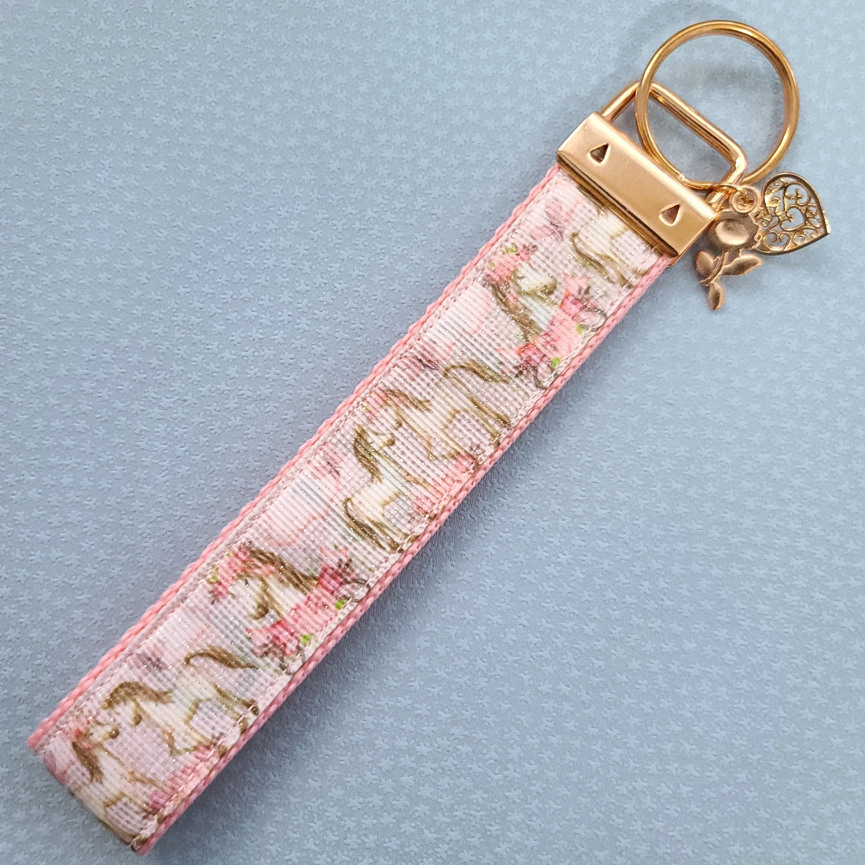 Horses with Wreaths Glittery Key Chain Fob on Pink Rose Gold and Rose Charm