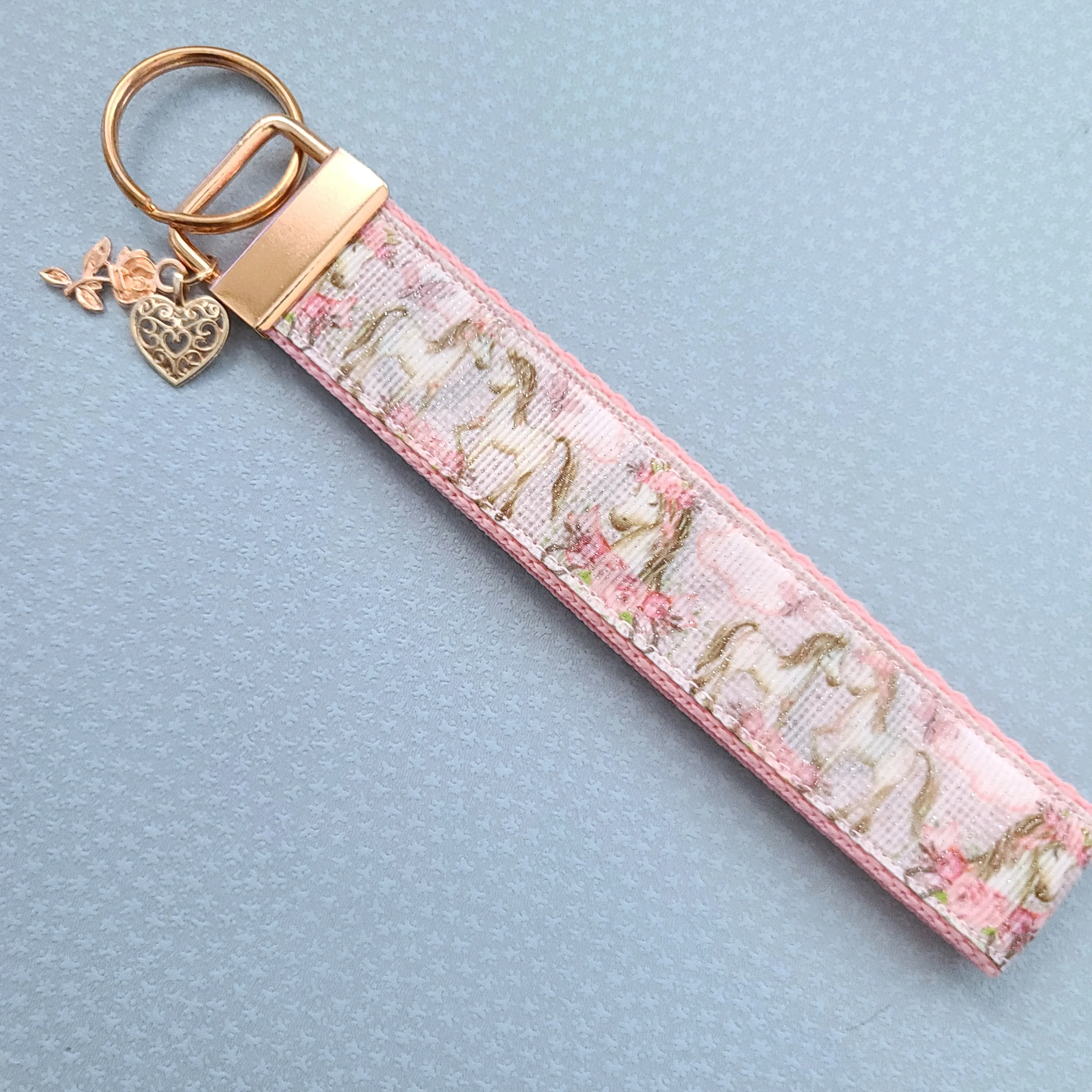 Horses with Wreaths Glittery Key Chain Fob on Pink Rose Gold and Rose Charm