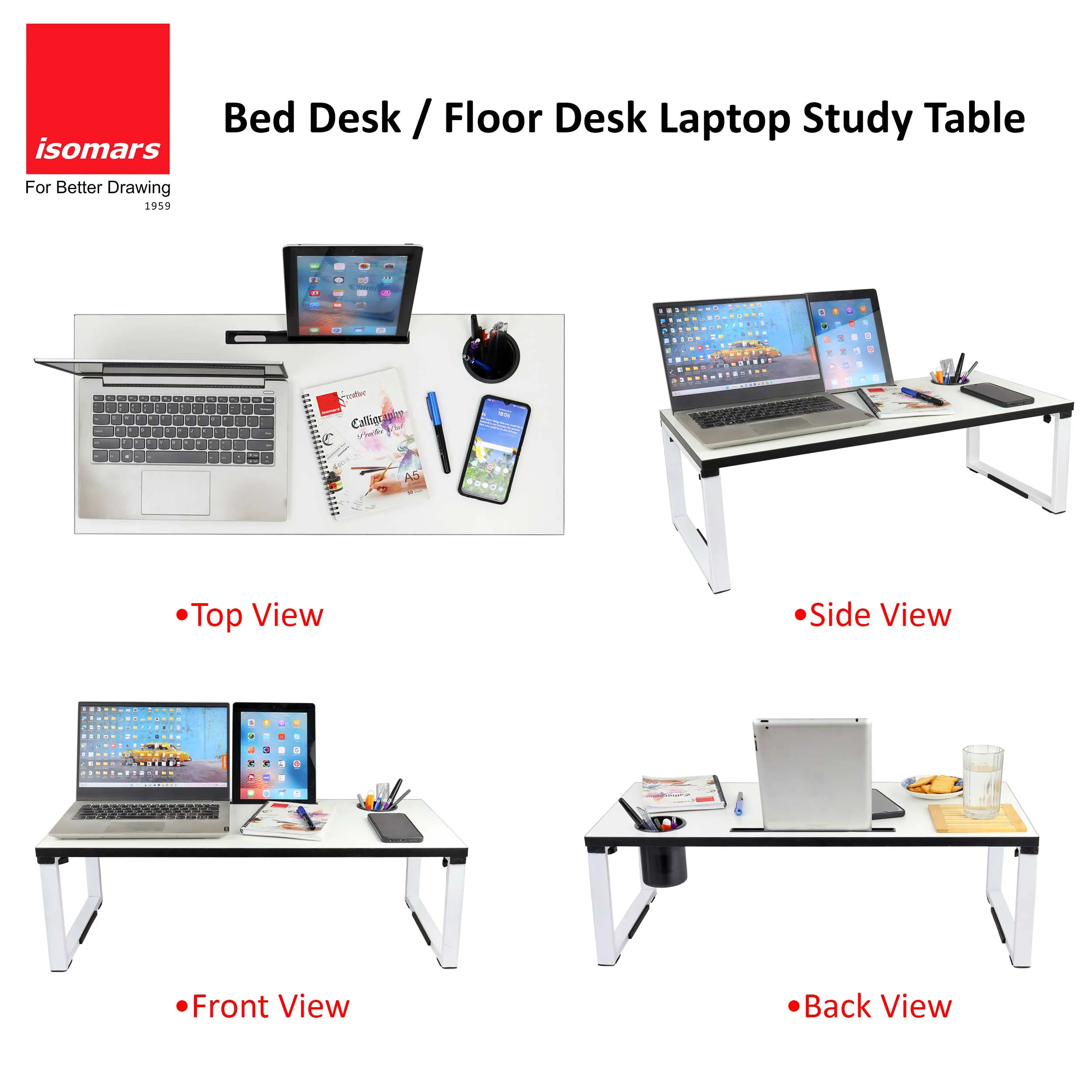 Isomars Bed Desk/Floor Desk Laptop Study Table for Work from Home, Online Classes, Card Games and Kid's Activities (White)