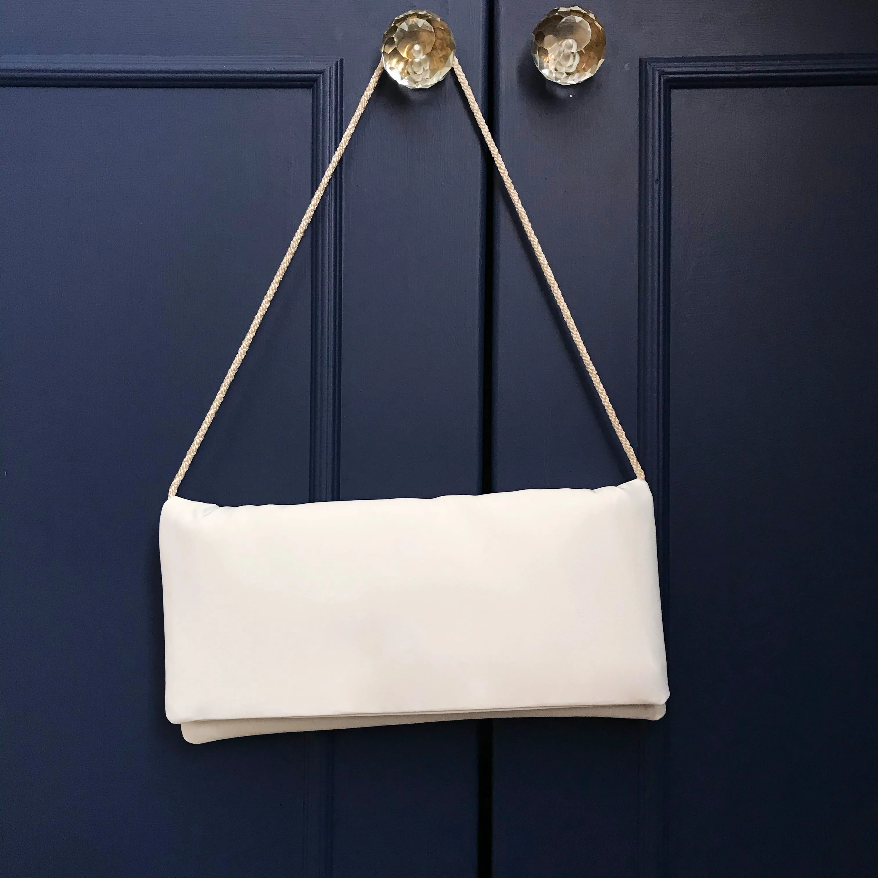Ivory satin I DO wedding day bridal clutch handbag flourish font