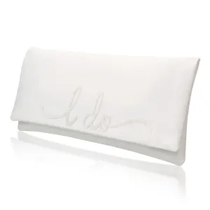 Ivory satin I DO wedding day bridal clutch handbag flourish font