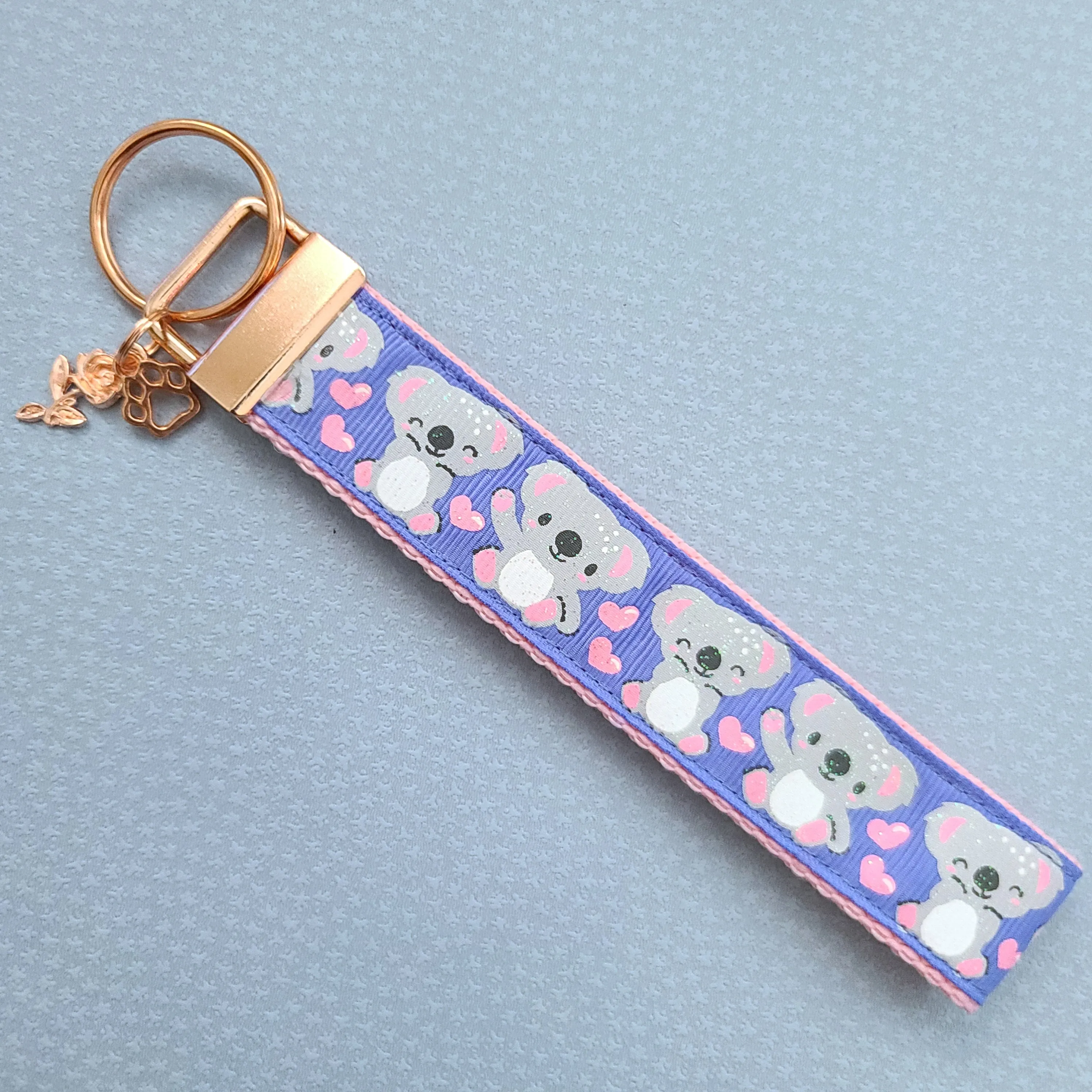 Koalas with Glitter and Hearts Rose Gold Key Chain Fob with Rose Charm