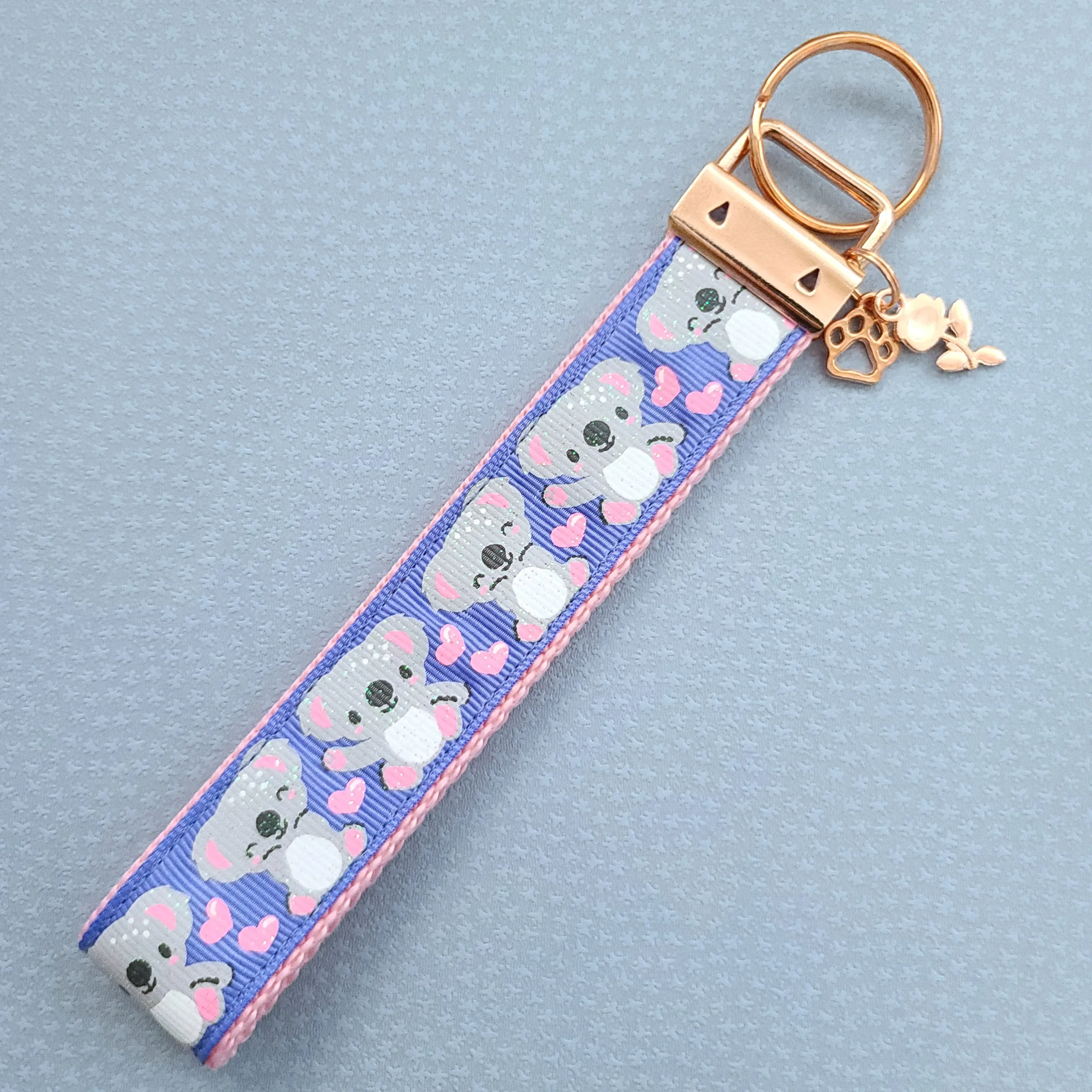 Koalas with Glitter and Hearts Rose Gold Key Chain Fob with Rose Charm