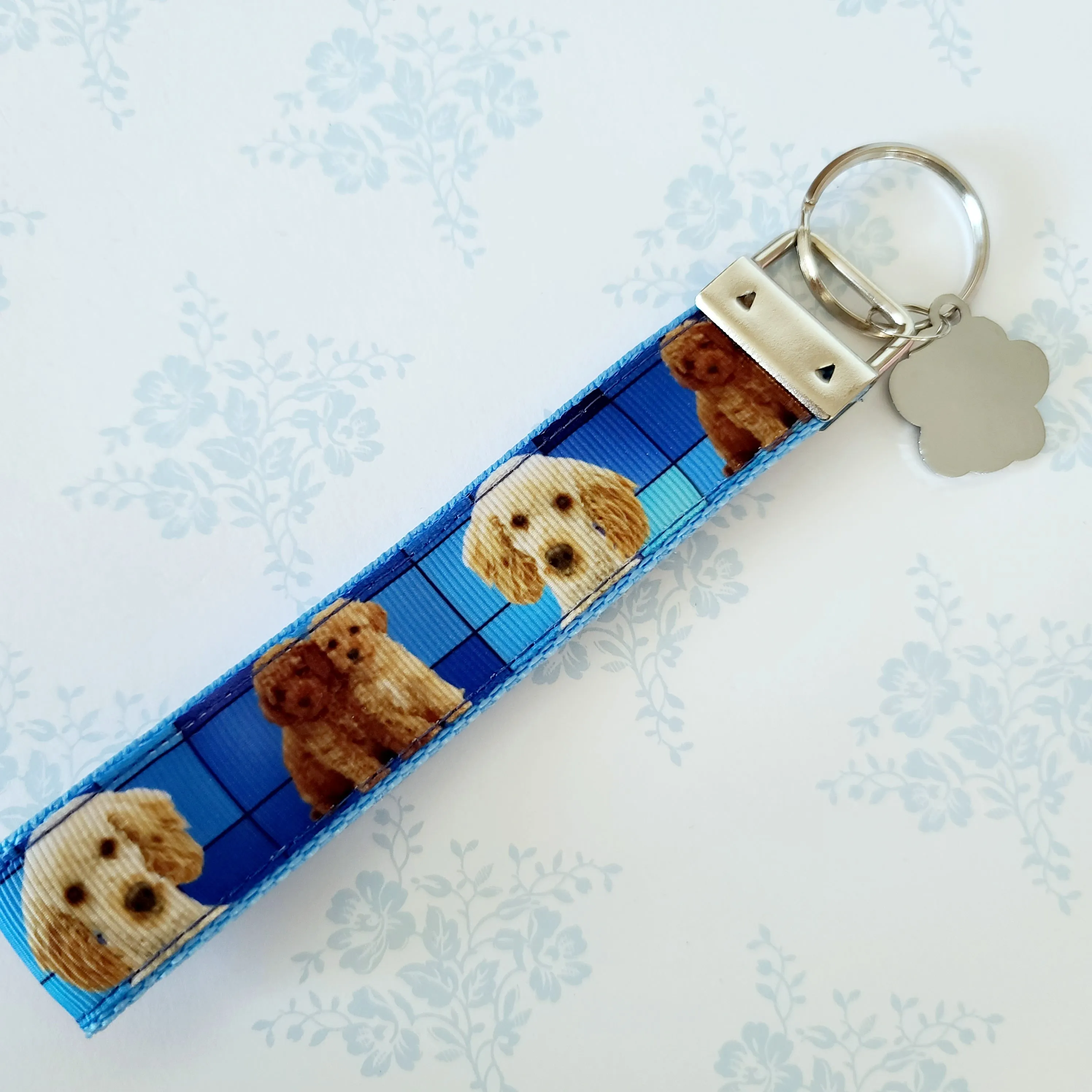 Labradoodle Key Fob / Key Chain with Glittery Paw Print Charm