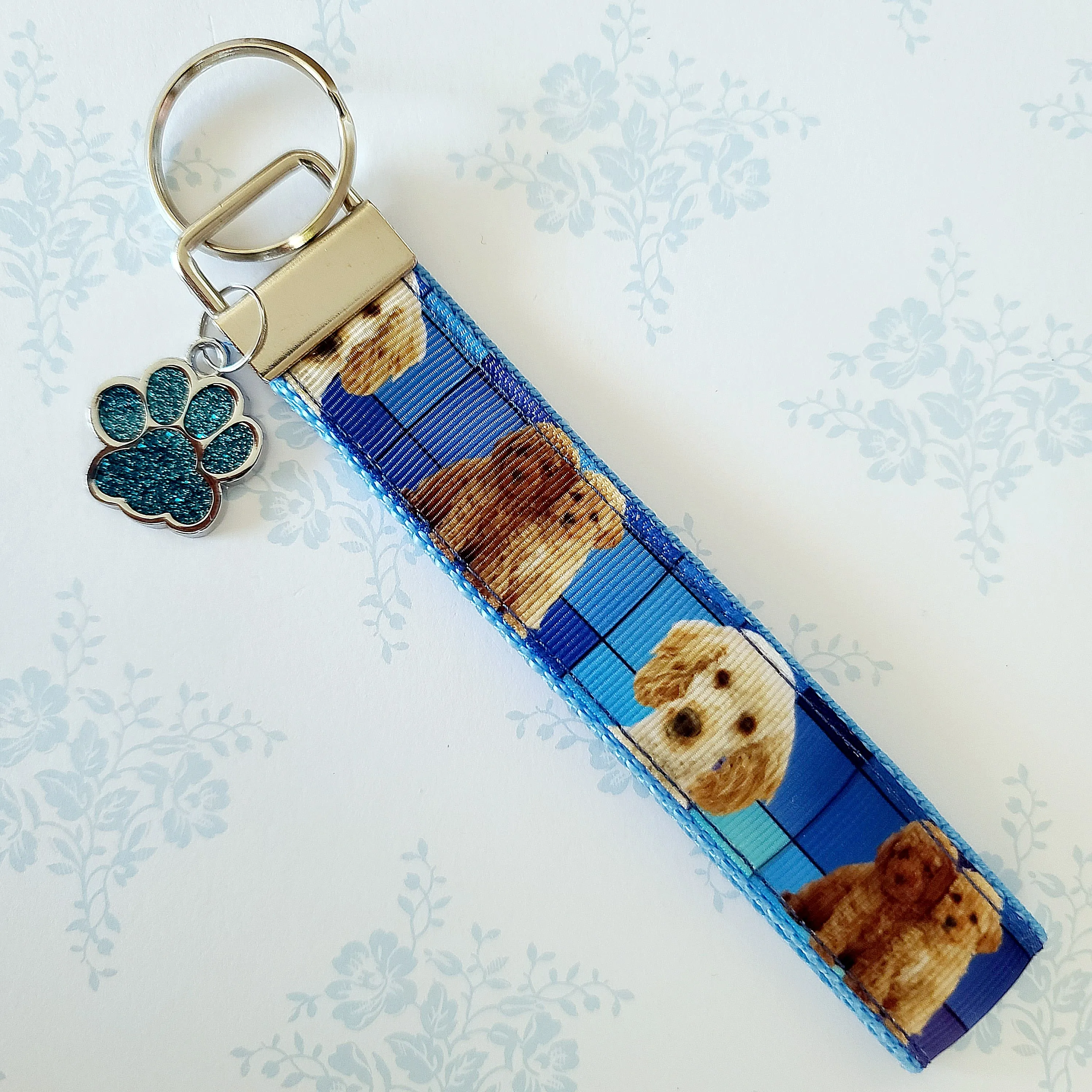 Labradoodle Key Fob / Key Chain with Glittery Paw Print Charm
