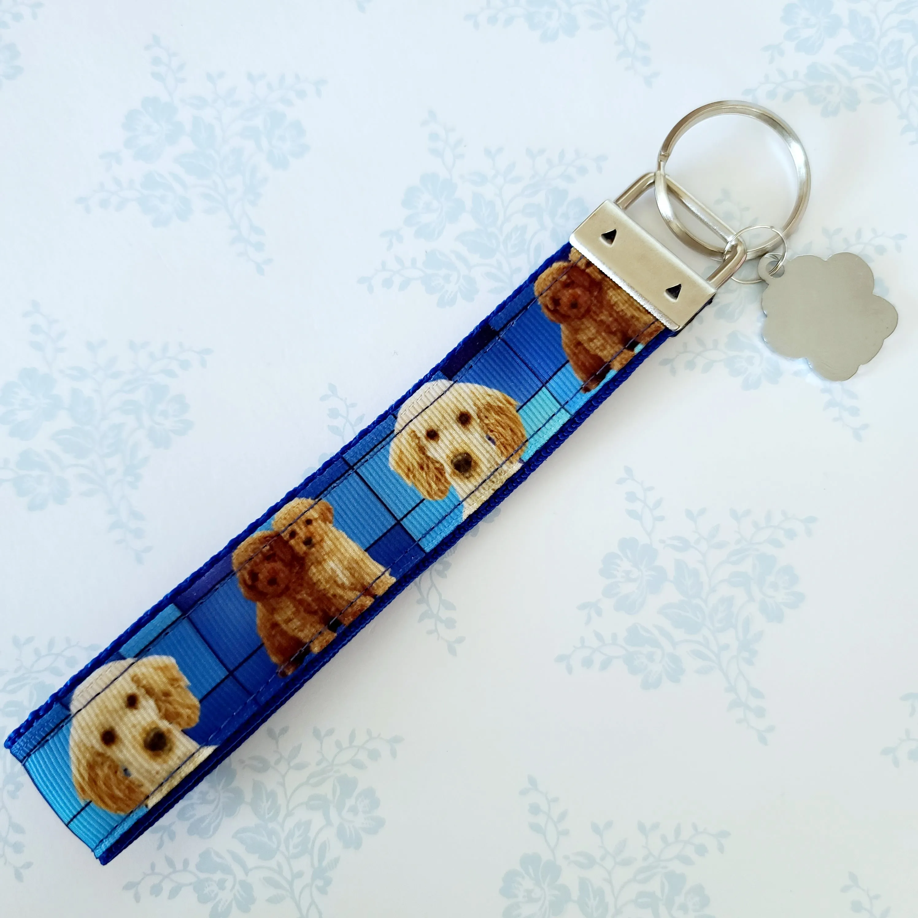Labradoodle Key Fob / Key Chain with Glittery Paw Print Charm