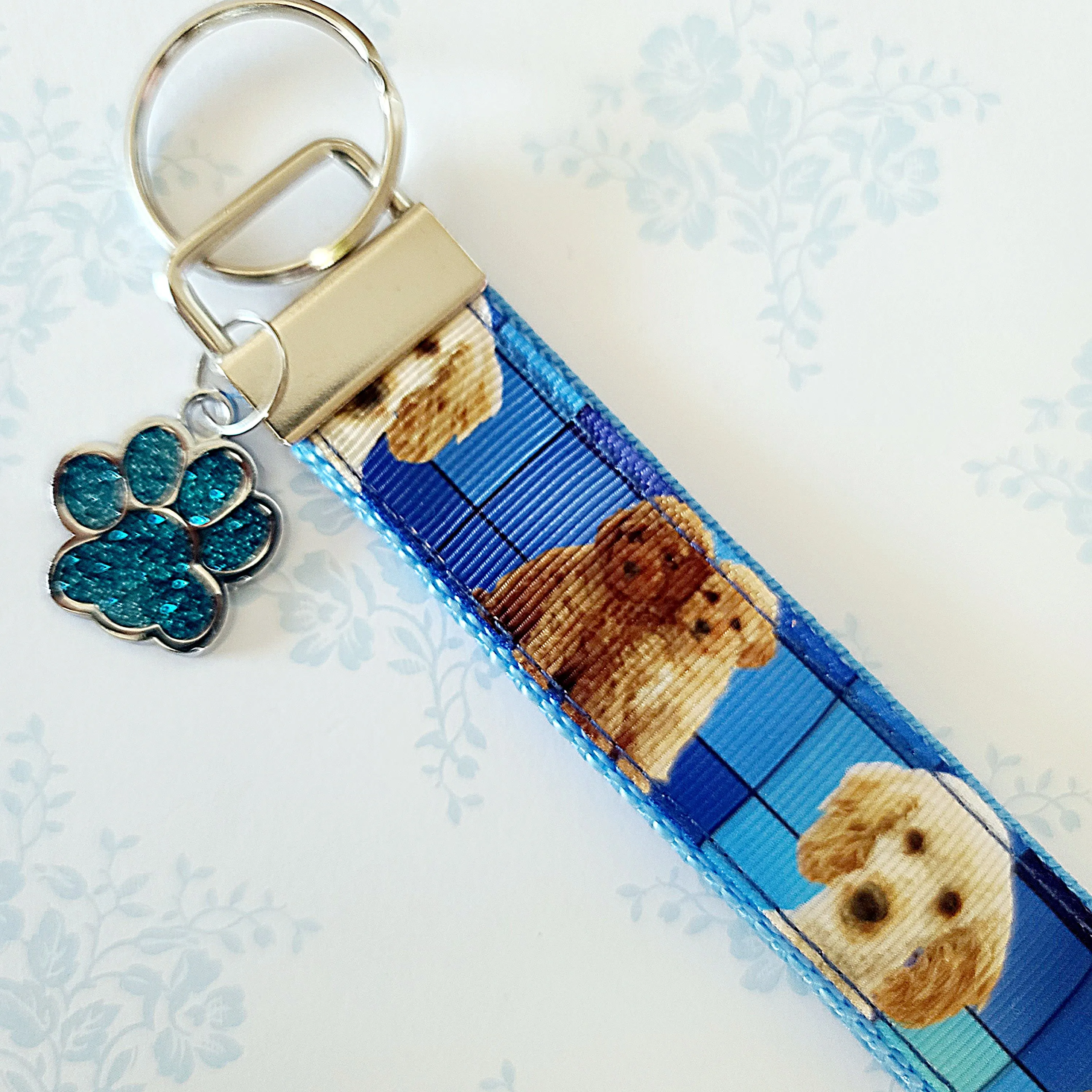 Labradoodle Key Fob / Key Chain with Glittery Paw Print Charm