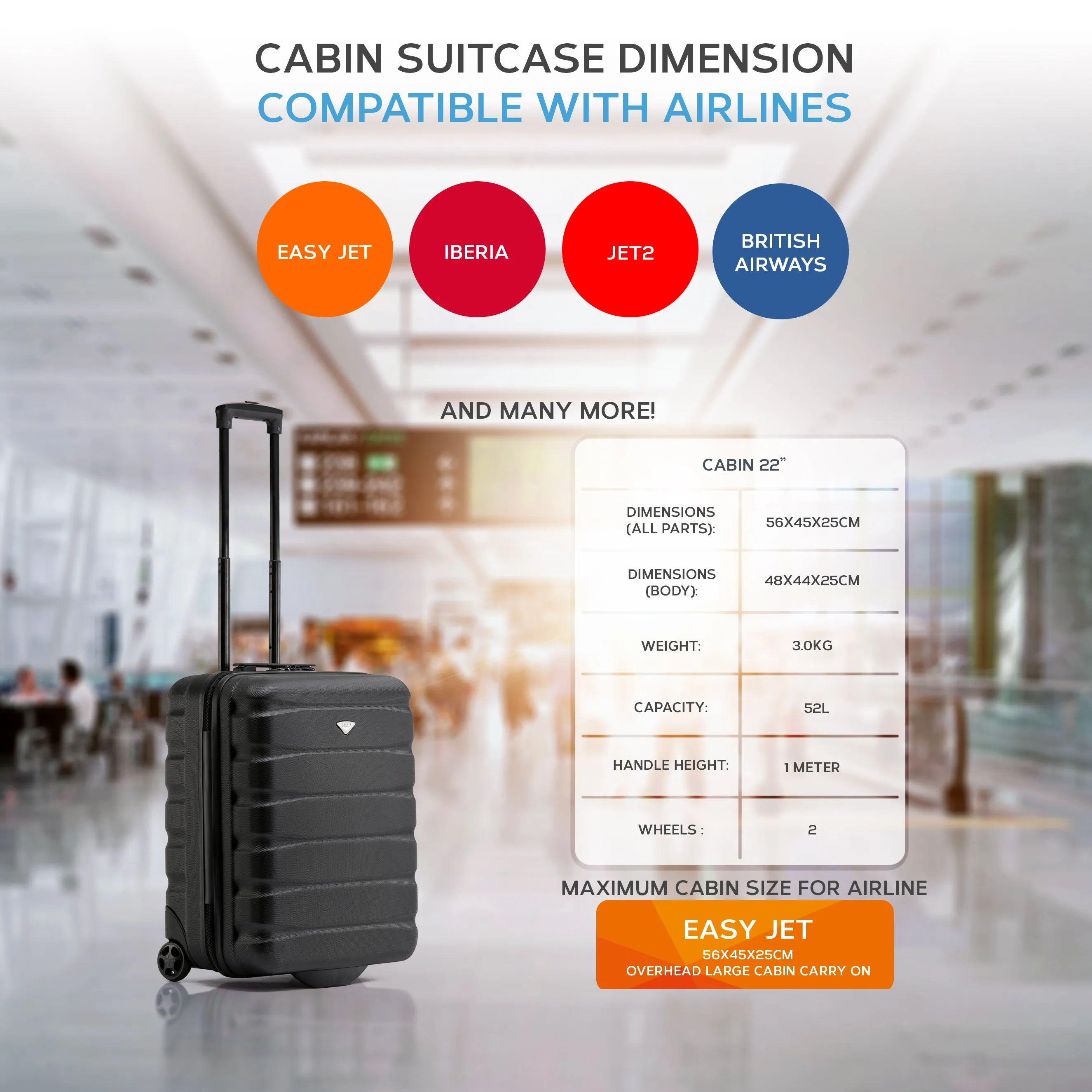 Laptop Compartment Carry On Suitcase Cabin Hand Luggage 56x45x25cm Business Bag