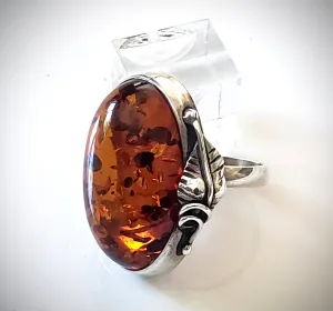 Large Oval Amber Classic Ring in Silver Frame
