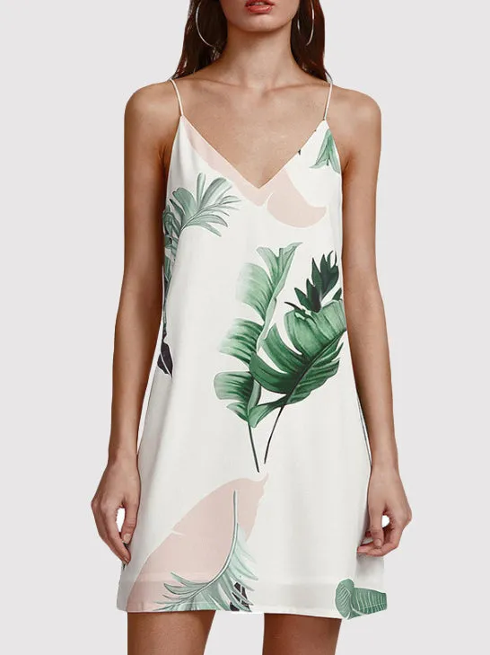 Leaf Print V-neck Sling Dress