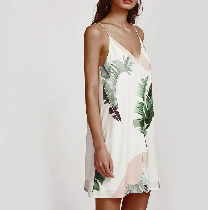Leaf Print V-neck Sling Dress