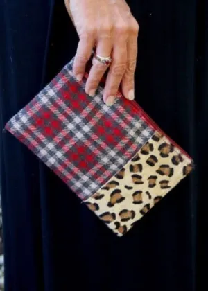 Leopard and plaid wristlet