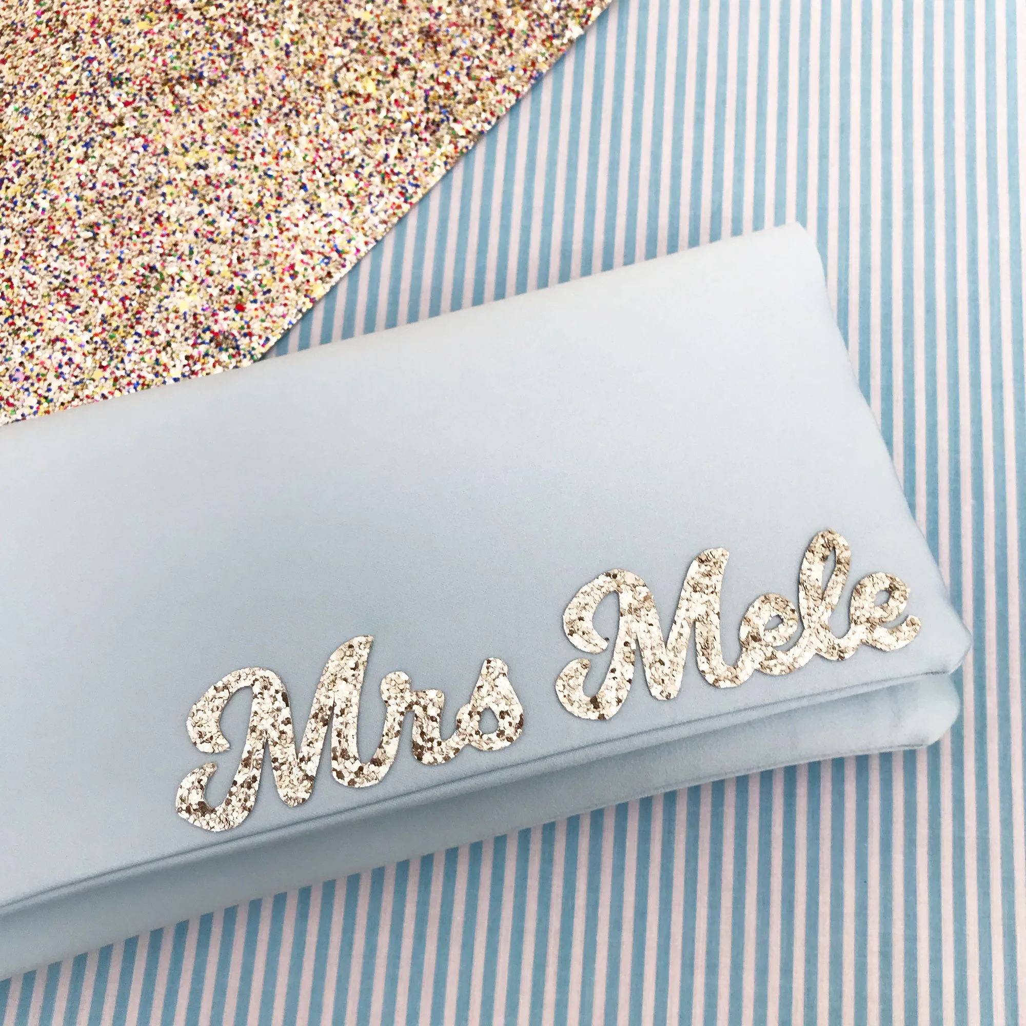 Light blue satin MRS surname wedding day bridal clutch handbag