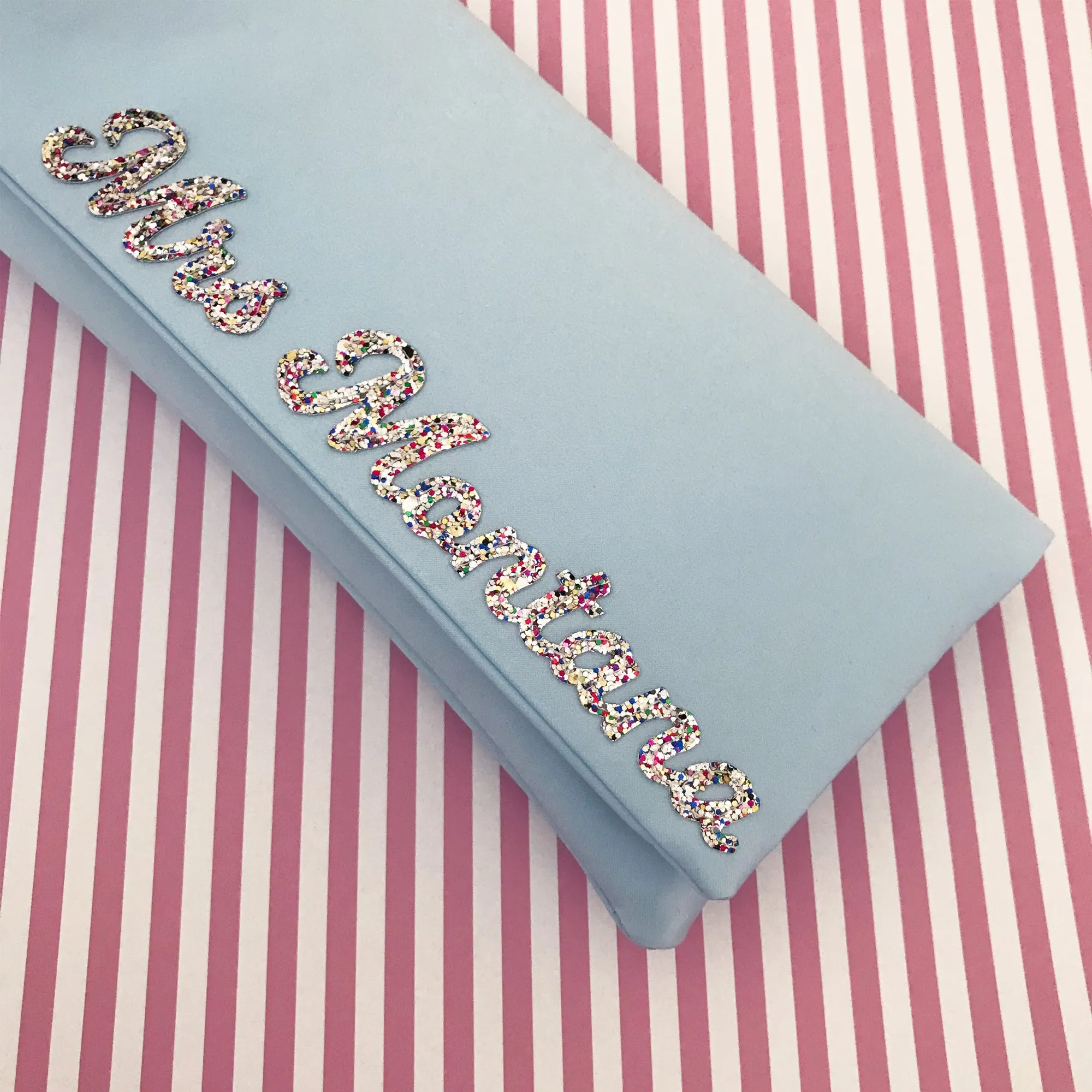 Light blue satin MRS surname wedding day bridal clutch handbag