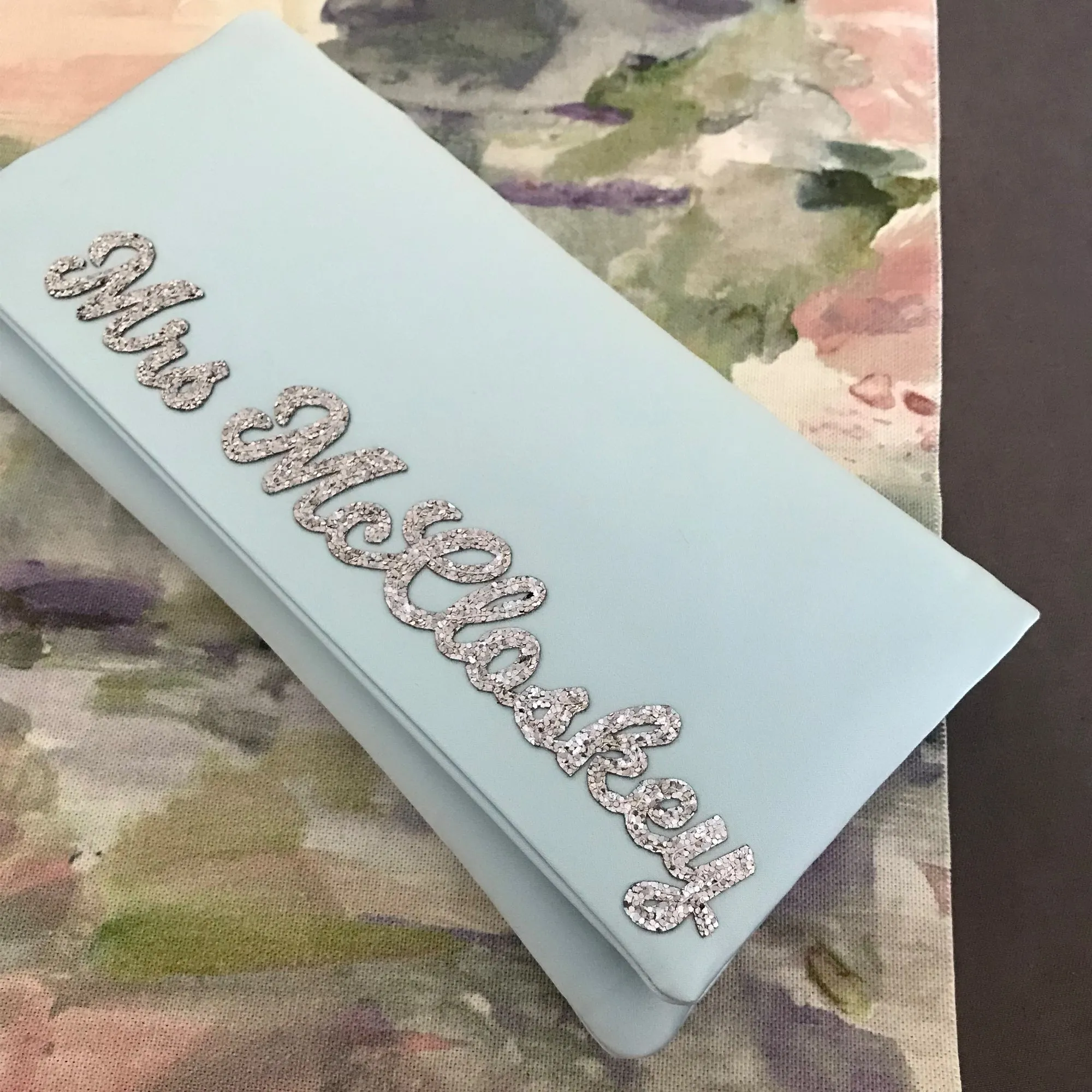Light blue satin MRS surname wedding day bridal clutch handbag