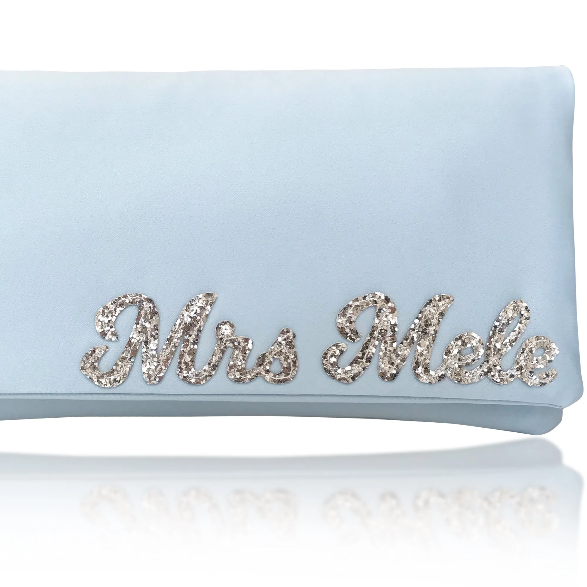 Light blue satin MRS surname wedding day bridal clutch handbag