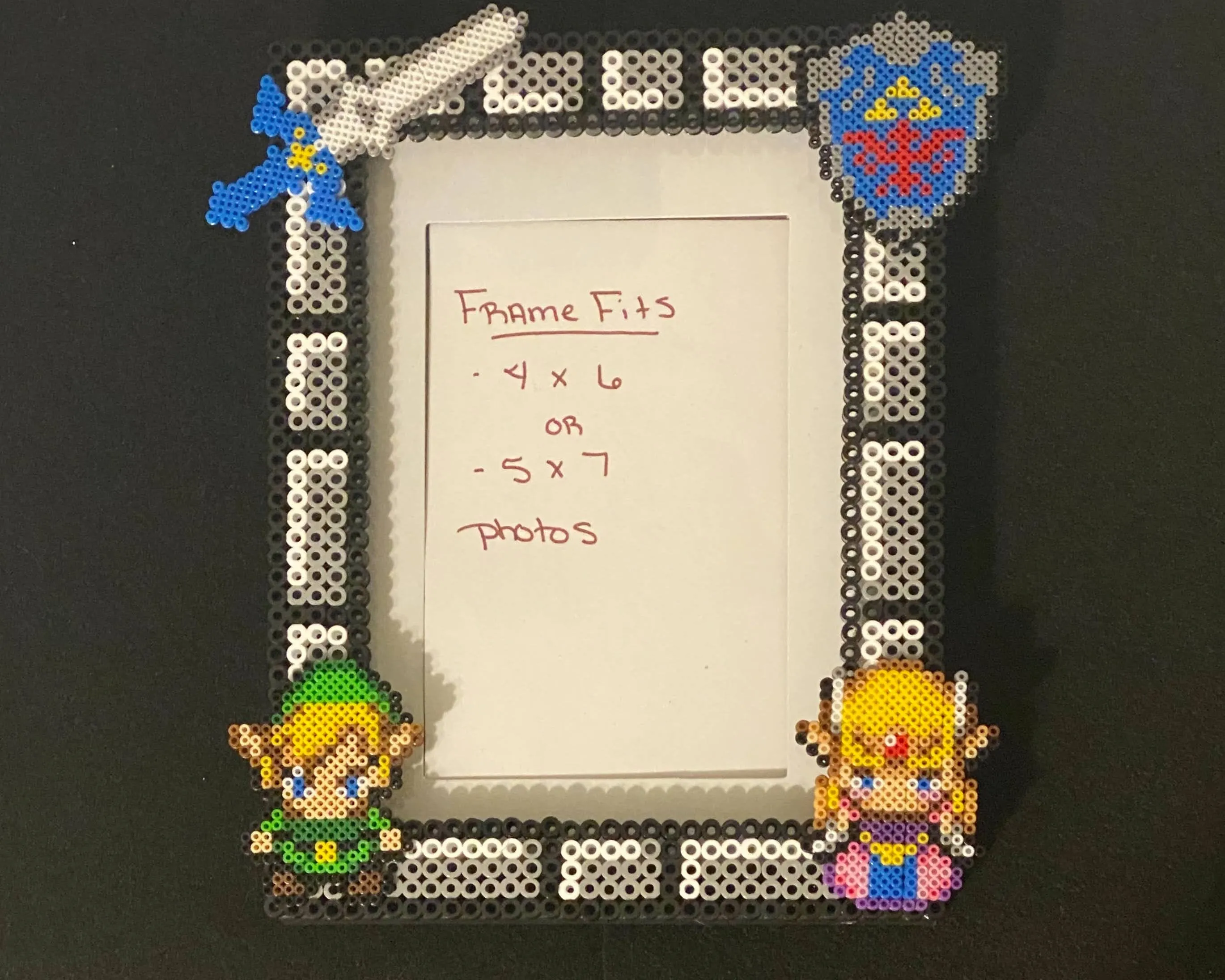 Link and Zelda Inspired Perler Artkal Glass Picture Frame - Fits 4x6 or 5x7 Photos- Choose Horizontal or Vertical, Unique geeky family frame