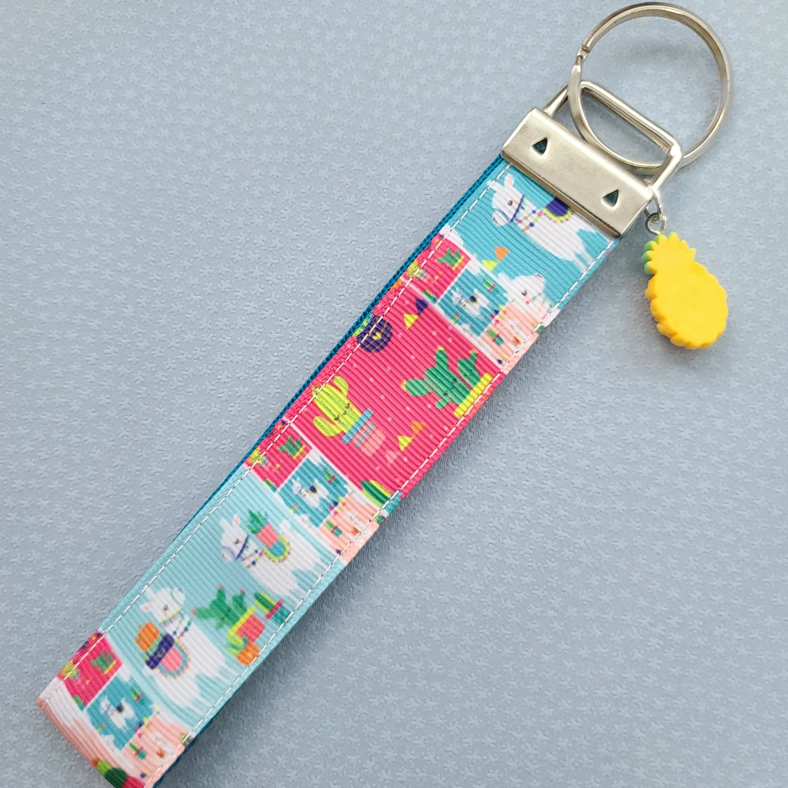Llamas and Happy Cactus on Silver Key Chain Fob with Cactus or Pineapple Charm