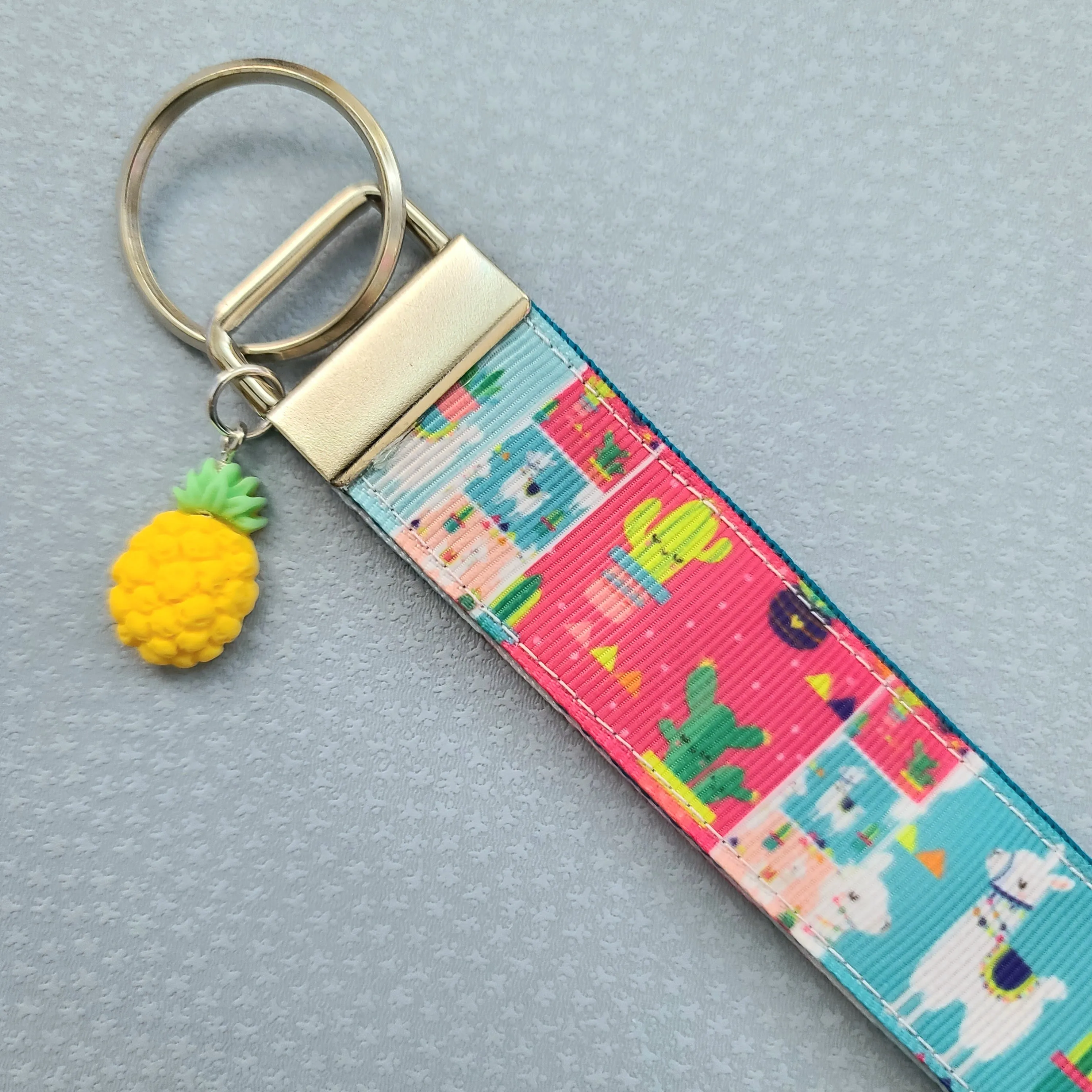 Llamas and Happy Cactus on Silver Key Chain Fob with Cactus or Pineapple Charm