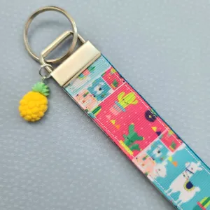 Llamas and Happy Cactus on Silver Key Chain Fob with Cactus or Pineapple Charm