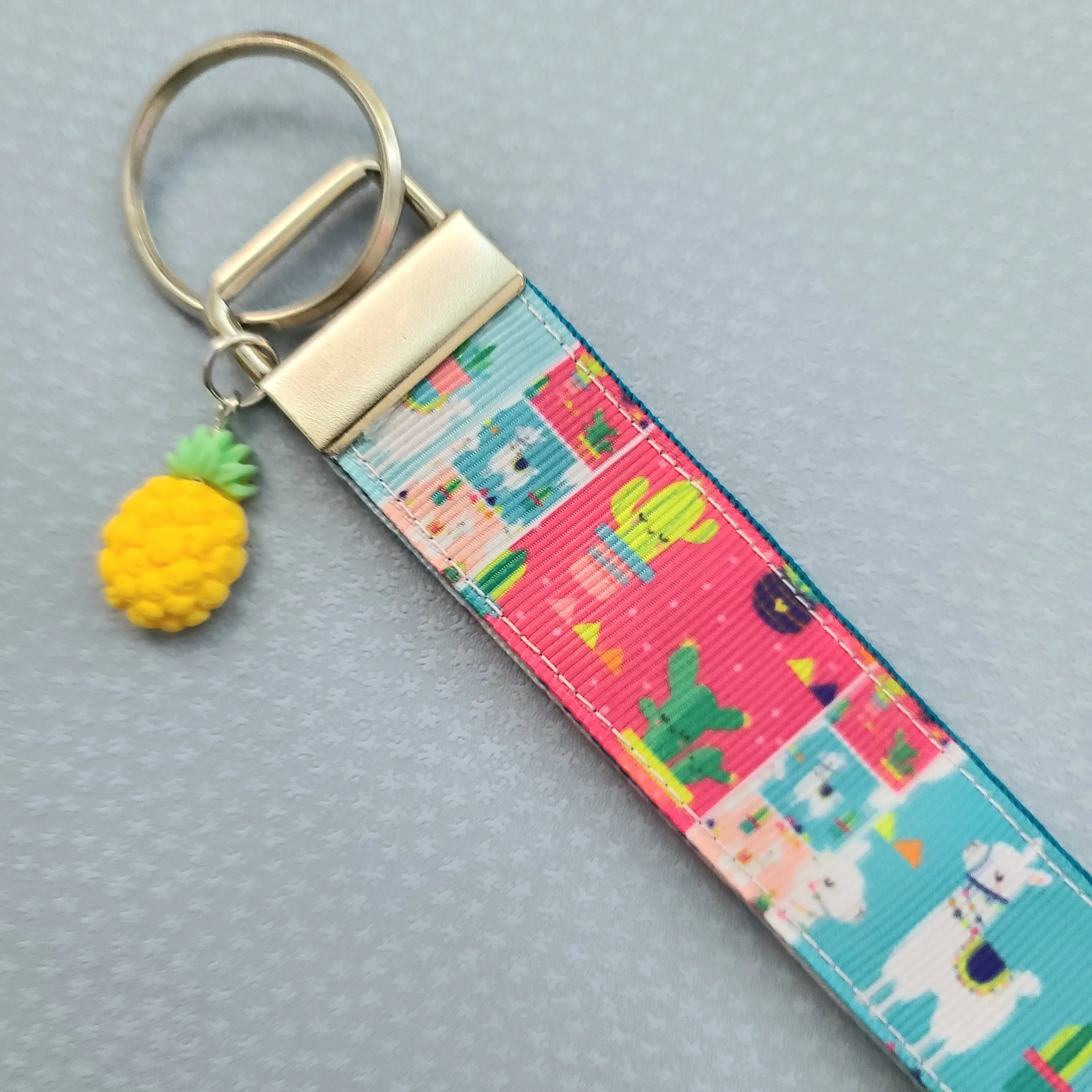 Llamas and Happy Cactus on Silver Key Chain Fob with Cactus or Pineapple Charm
