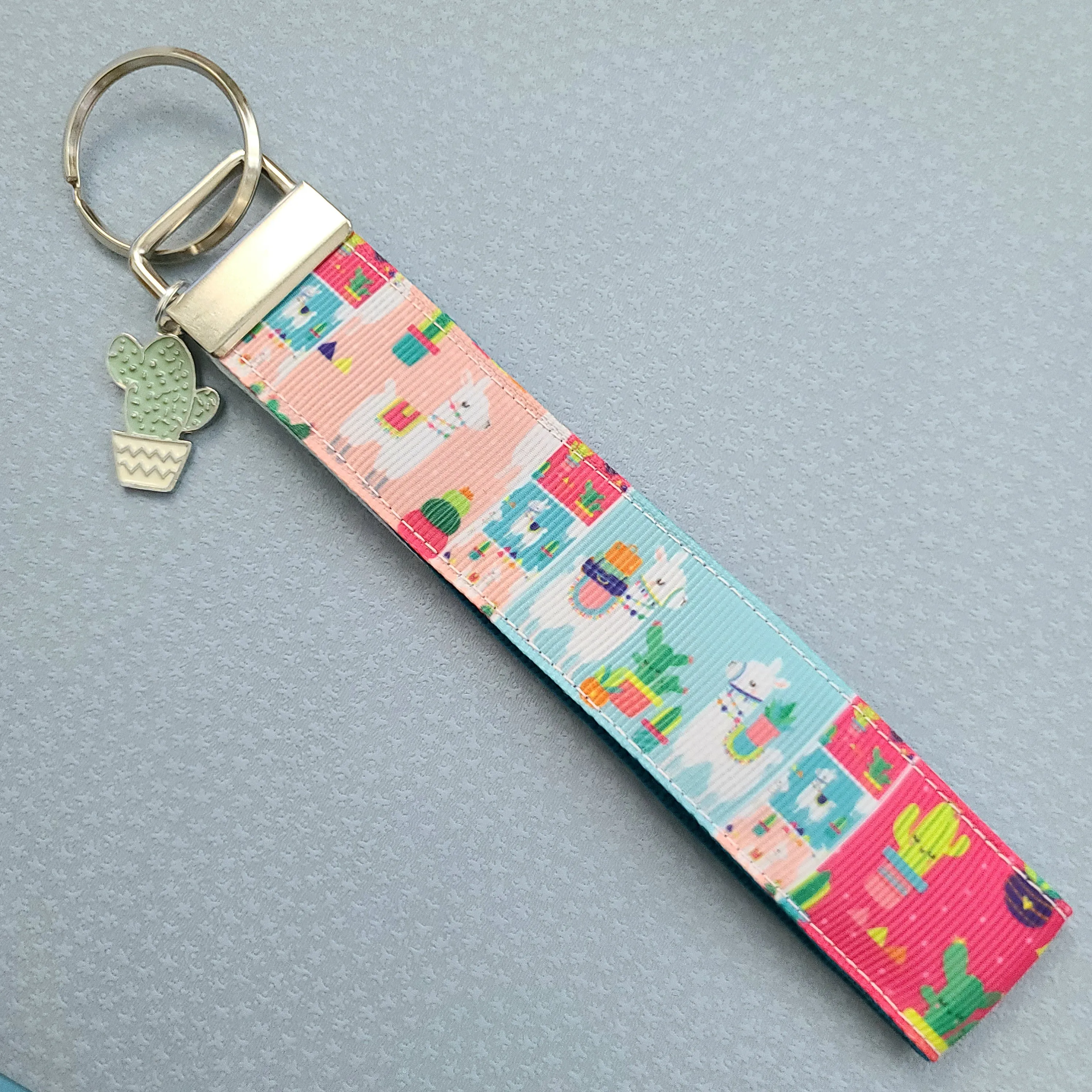 Llamas and Happy Cactus on Silver Key Chain Fob with Cactus or Pineapple Charm