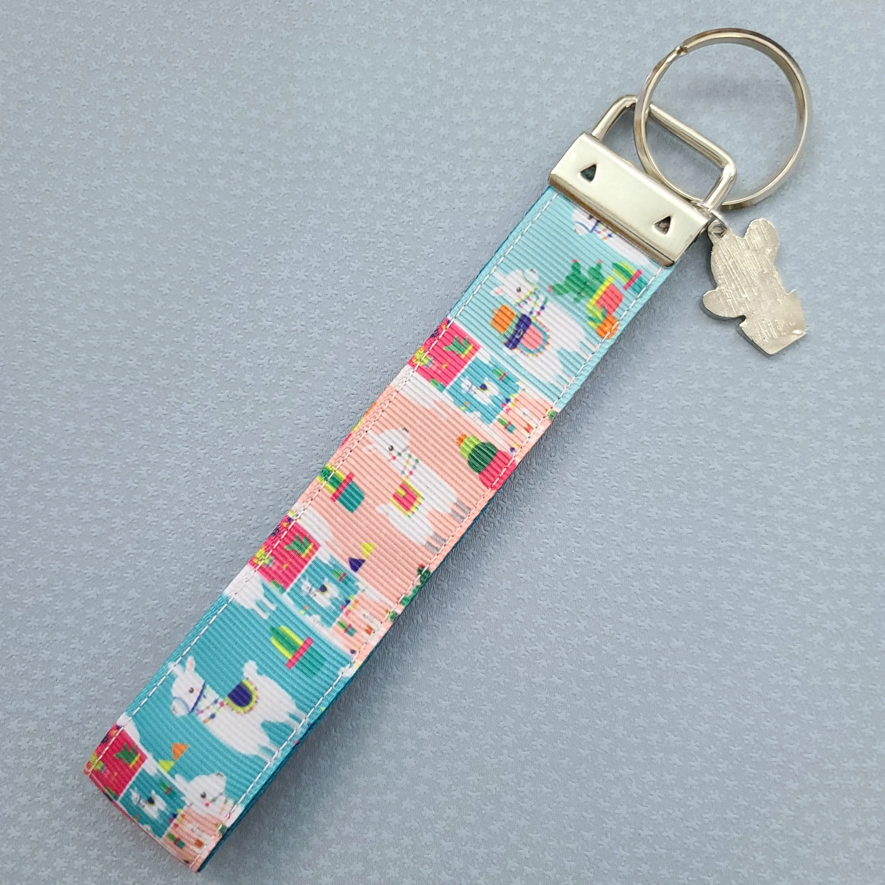Llamas and Happy Cactus on Silver Key Chain Fob with Cactus or Pineapple Charm