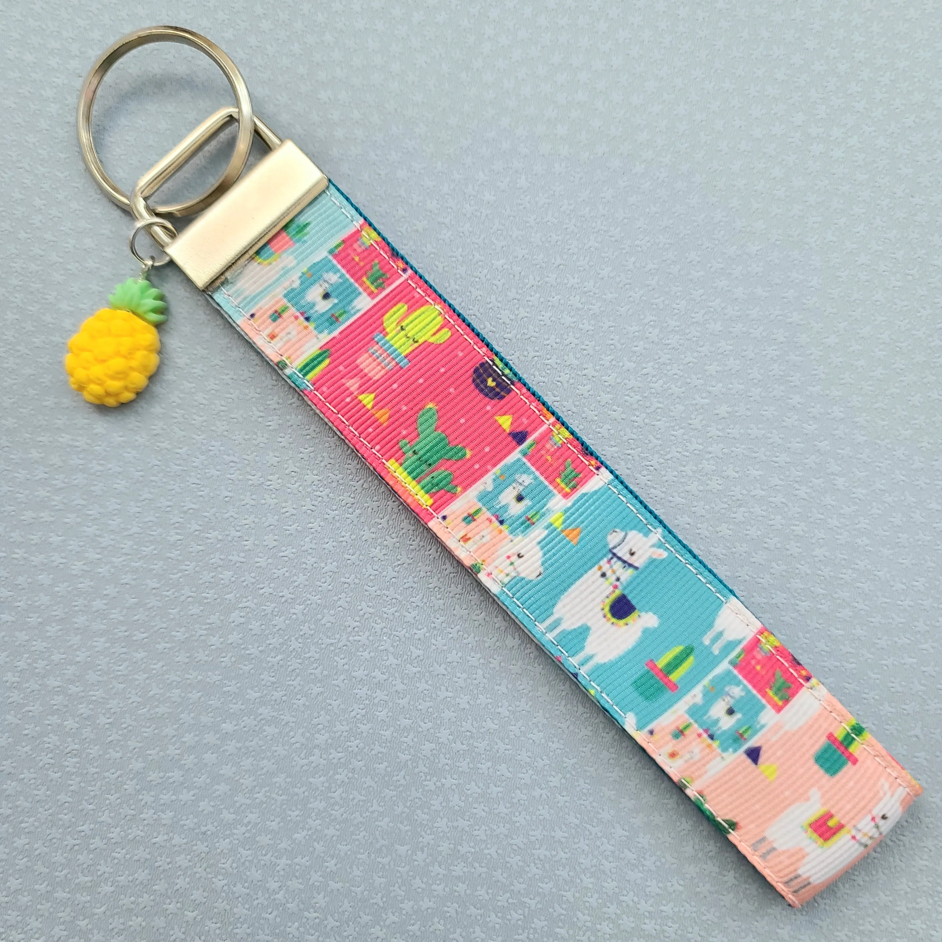Llamas and Happy Cactus on Silver Key Chain Fob with Cactus or Pineapple Charm