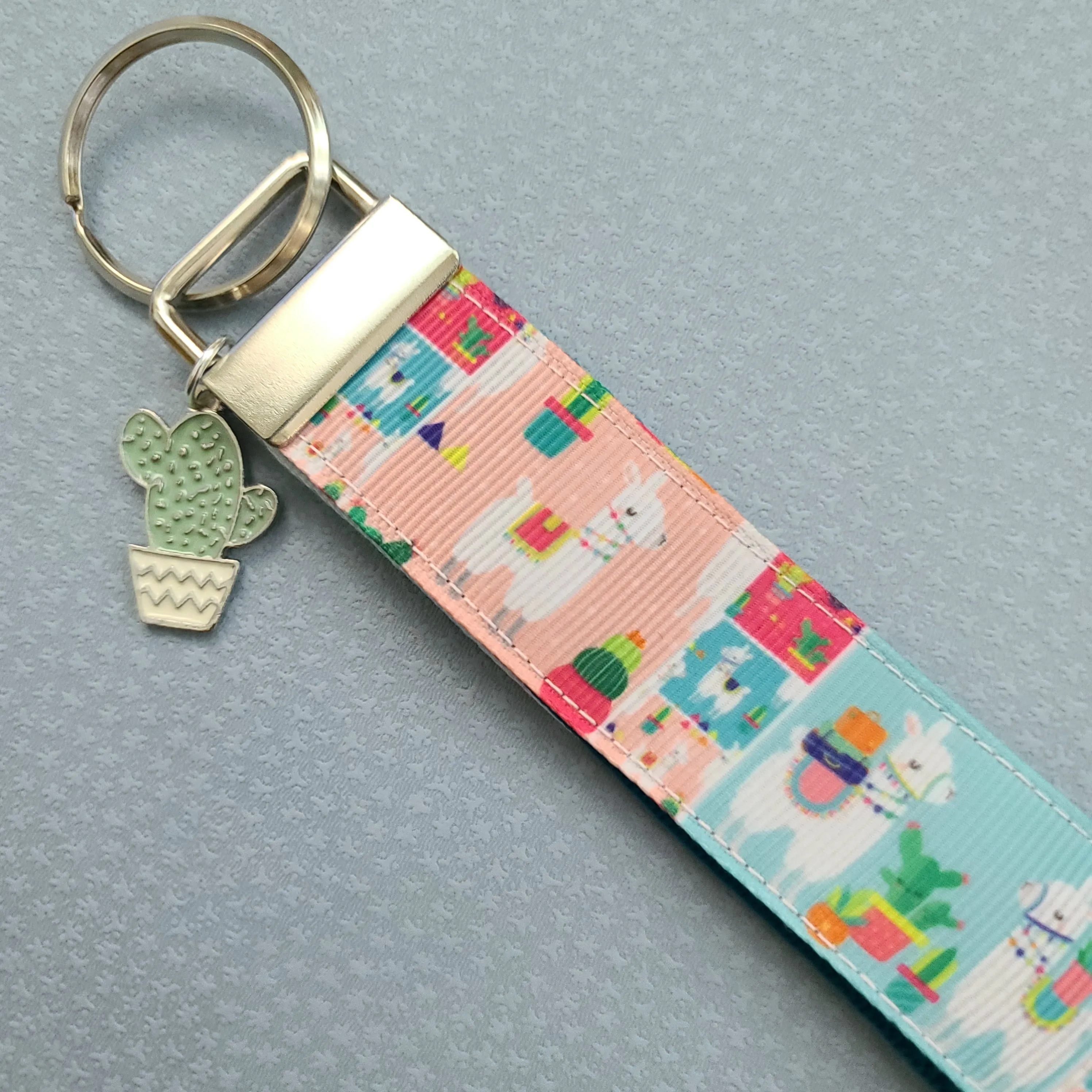 Llamas and Happy Cactus on Silver Key Chain Fob with Cactus or Pineapple Charm