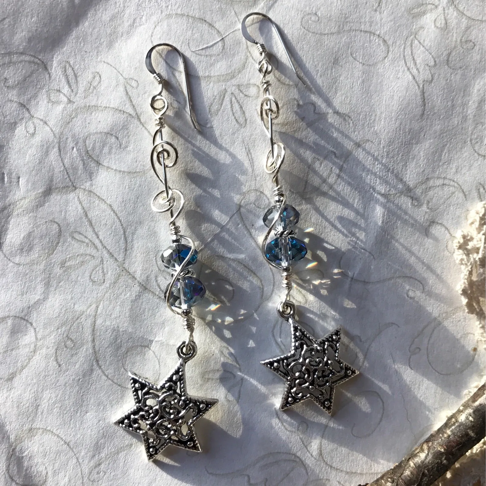 Long Star of David earrings with vintage glass beads
