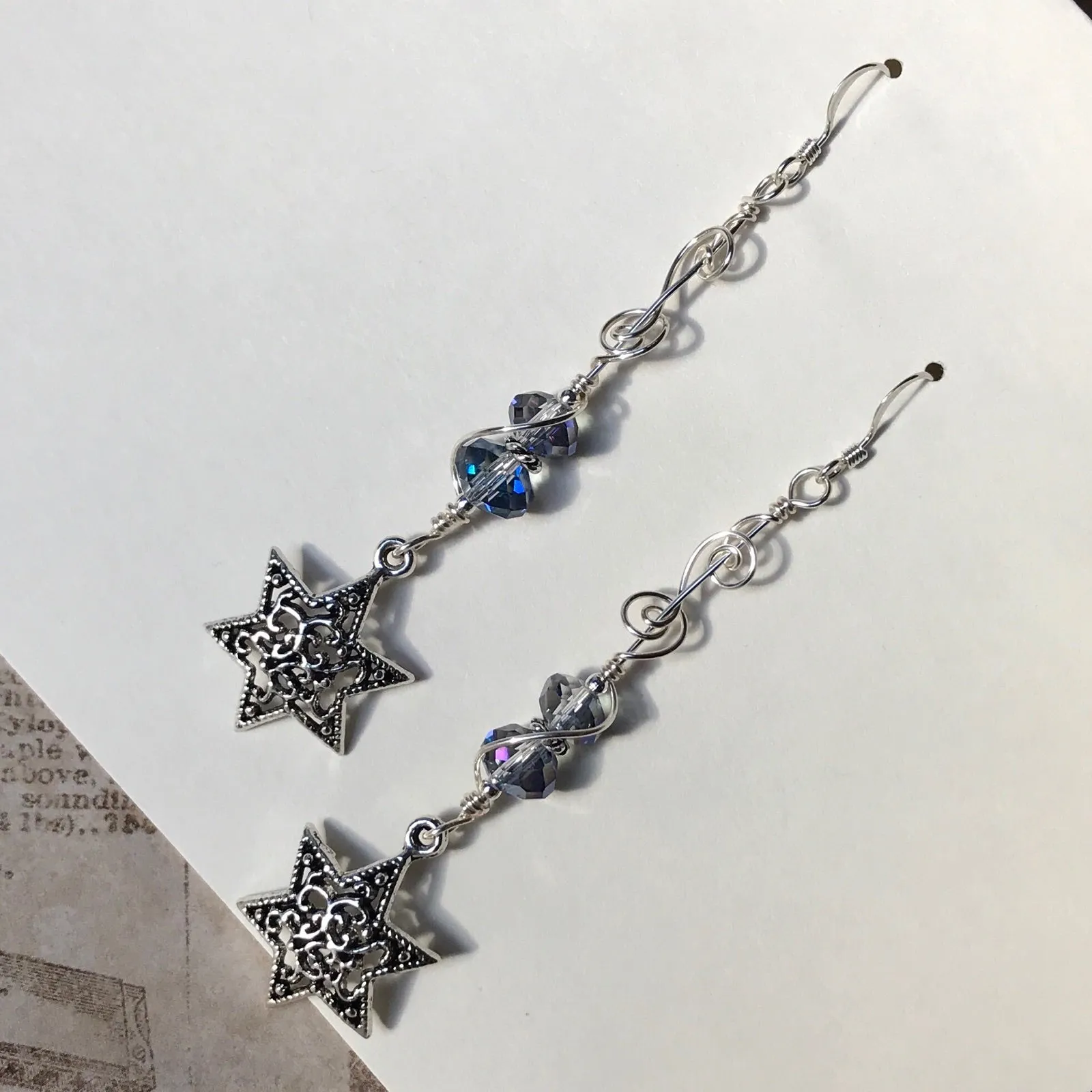 Long Star of David earrings with vintage glass beads