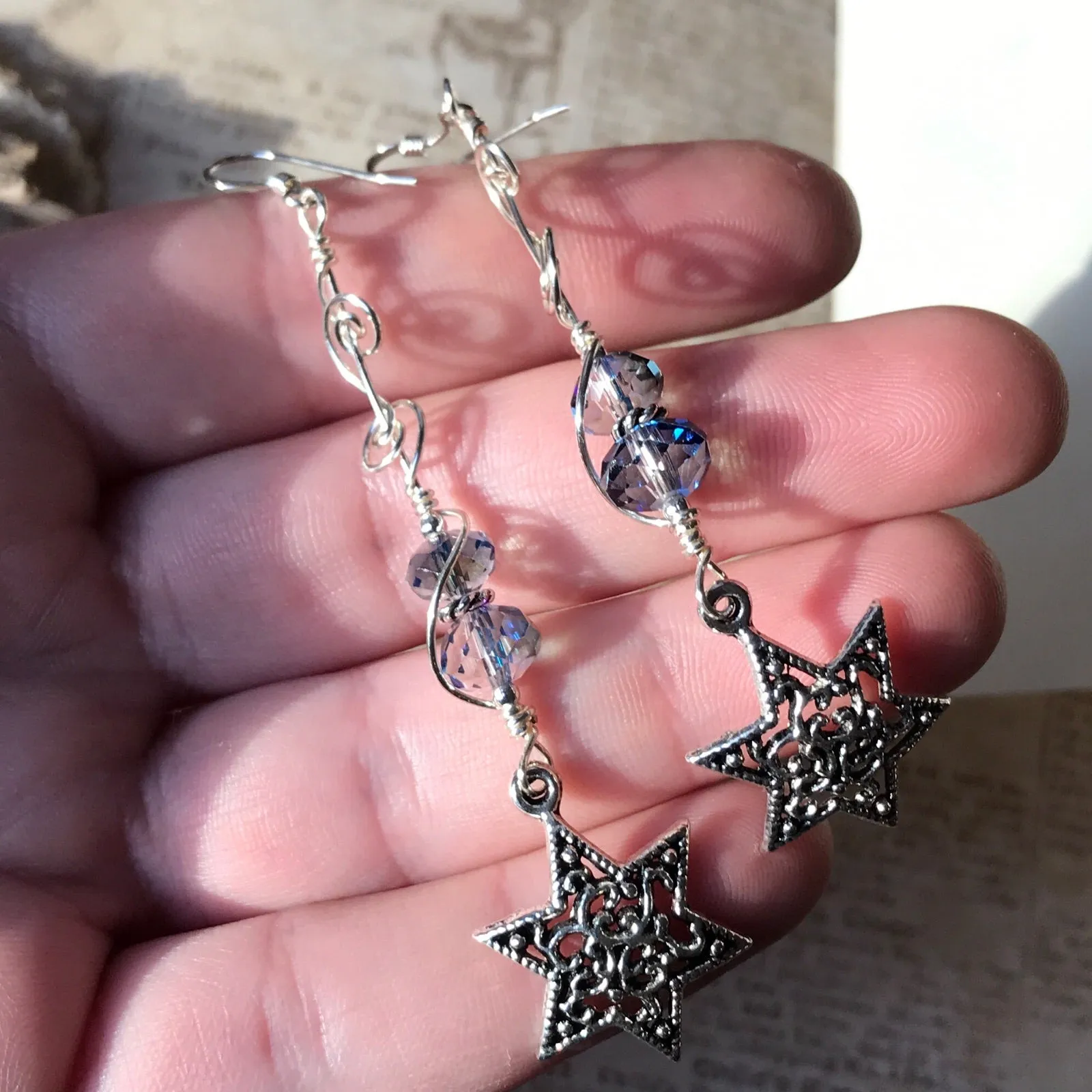 Long Star of David earrings with vintage glass beads