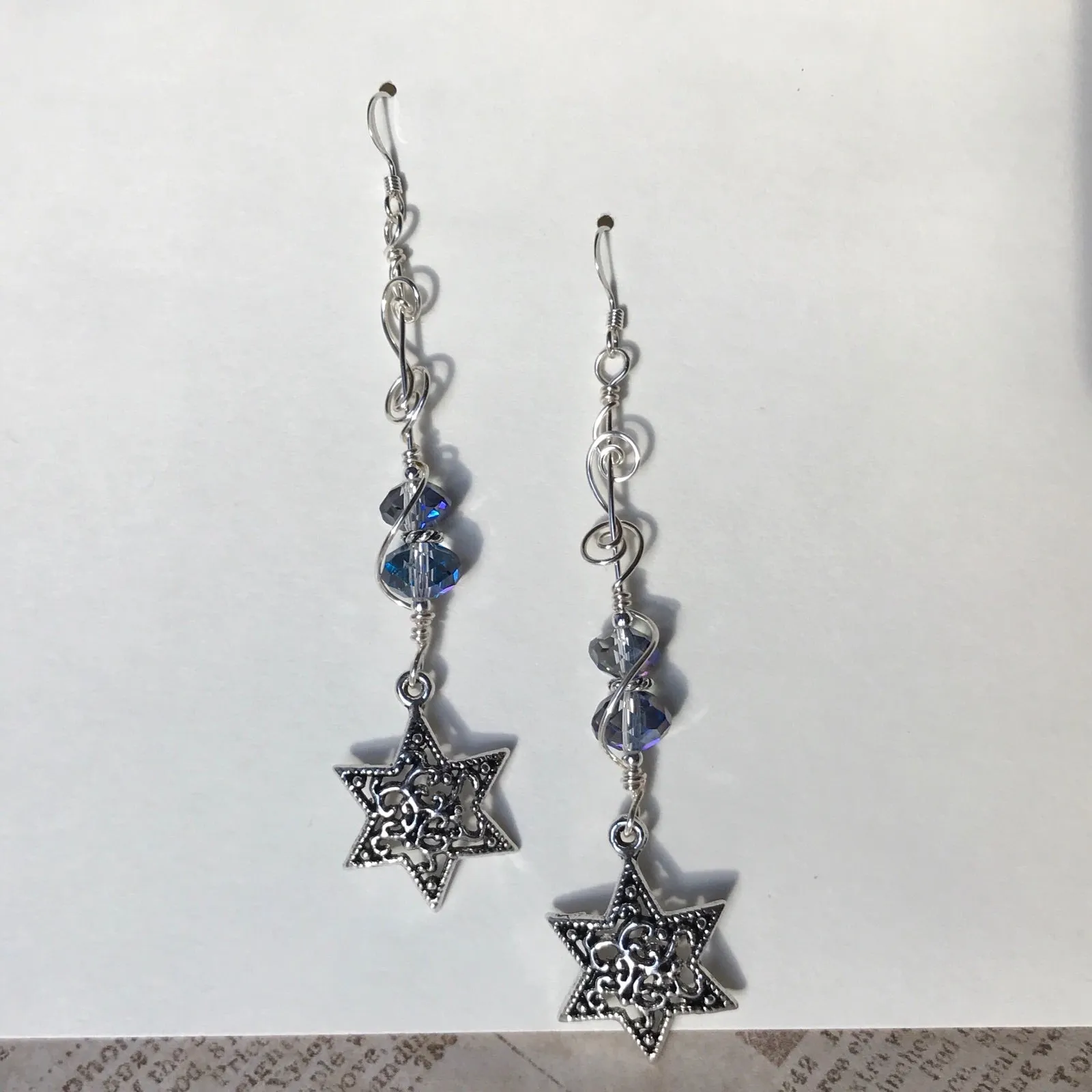 Long Star of David earrings with vintage glass beads