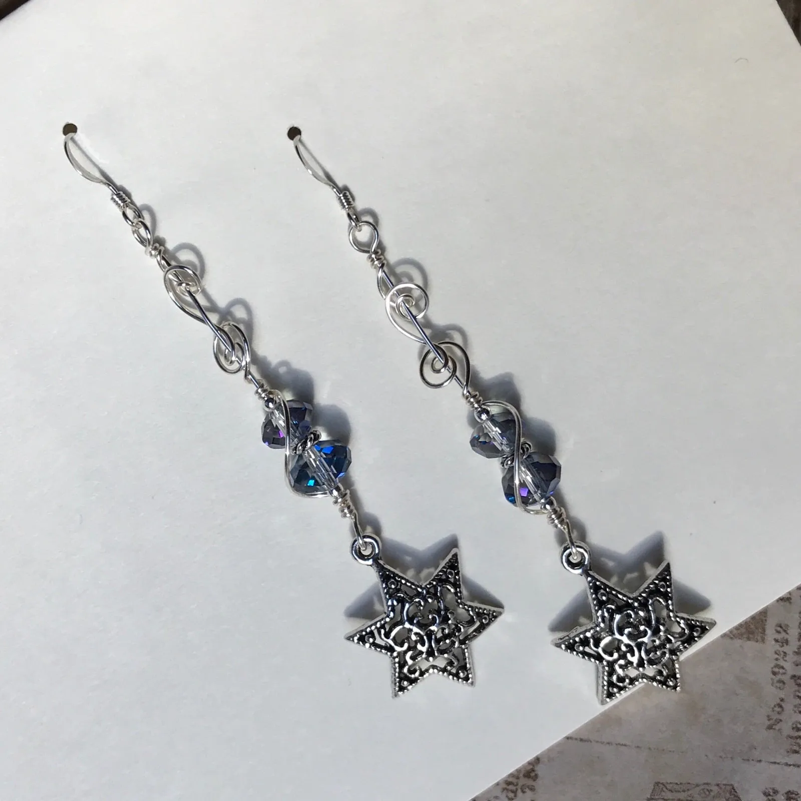 Long Star of David earrings with vintage glass beads