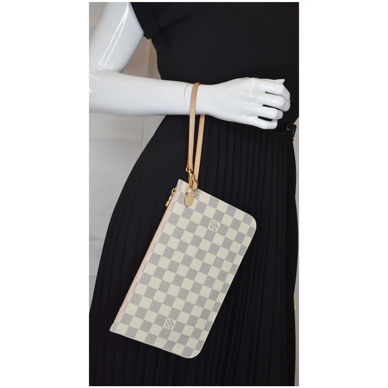 LOUIS VUITTON Pochette Wristlet Damier Azur Pouch Neverfull MM Rose Ballerine