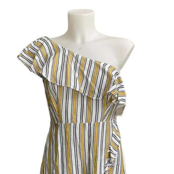 LULU’s  High Tide Yellow White Striped One Shoulder Ruffled Midi Dress sz small